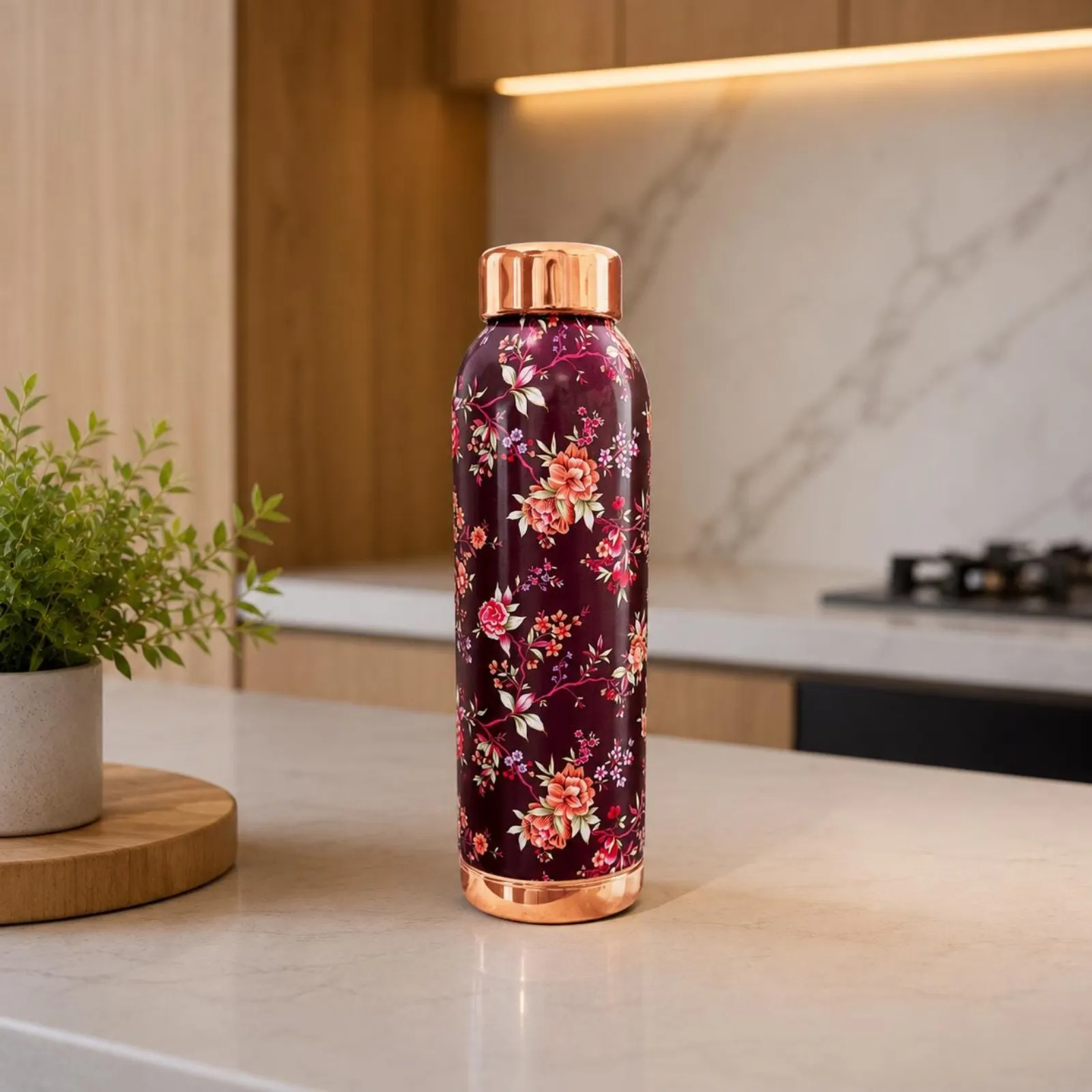 Pure Copper Floral Water Bottle, Decorative Reusable Traditional Drinkware, Gift For Her — photo 1