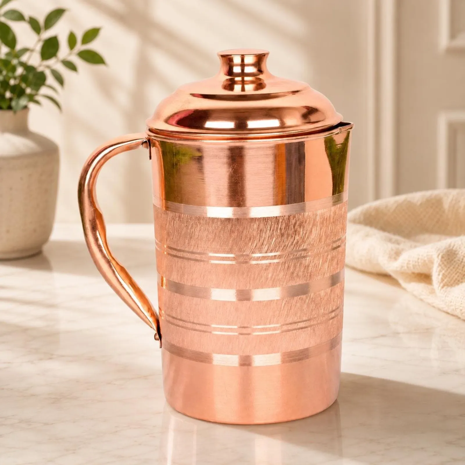 Copper Water Jug with Lid, Handmade Indian Pitcher, Traditional Drinkware, Housewarming Gift