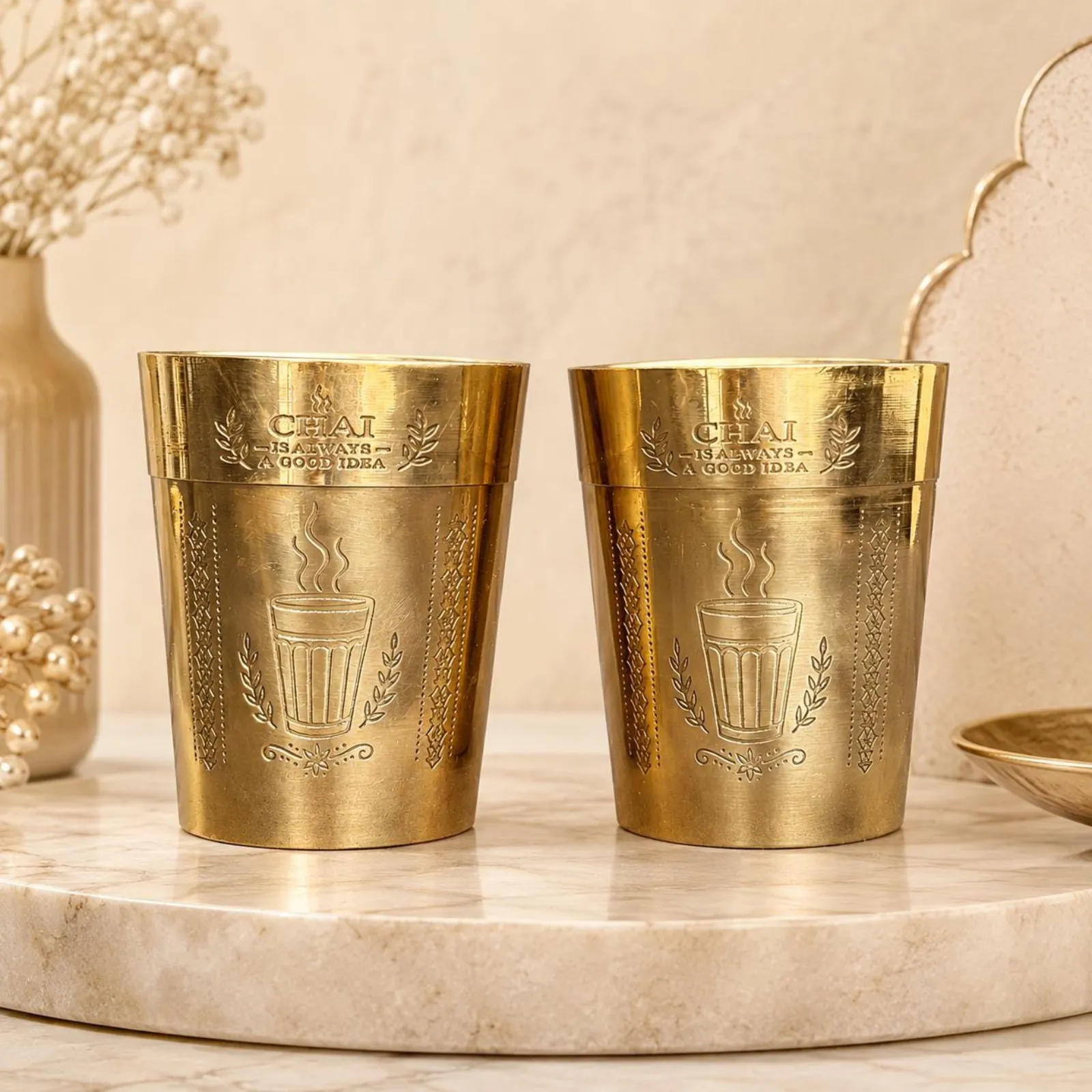 Engraved Brass Chai Tea Glasses Set of 2, Indian Drinkware Gift