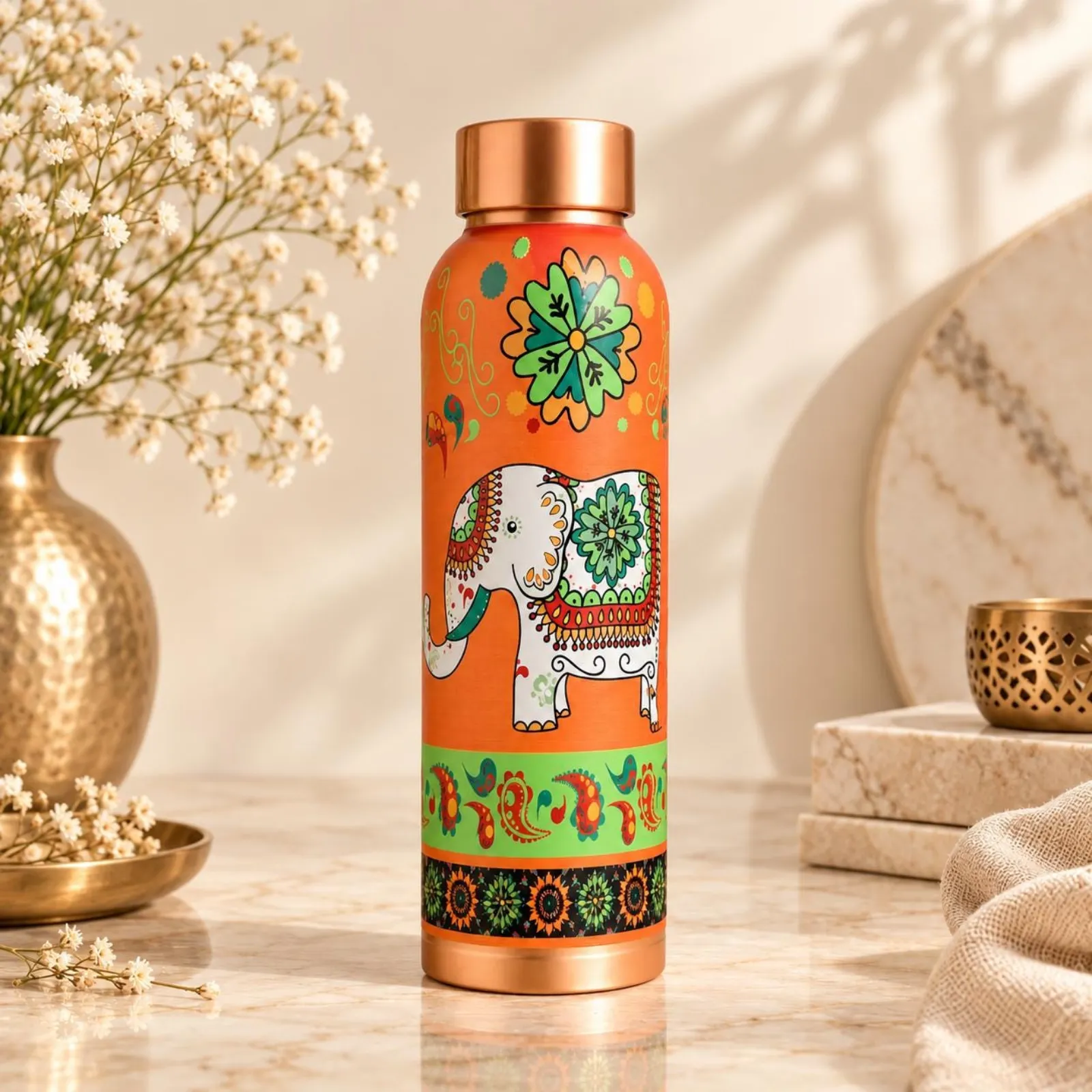 1000ml Pure Copper Bottle, Elephant Design, Indian Drinkware, Boho Wellness Gift — photo 1