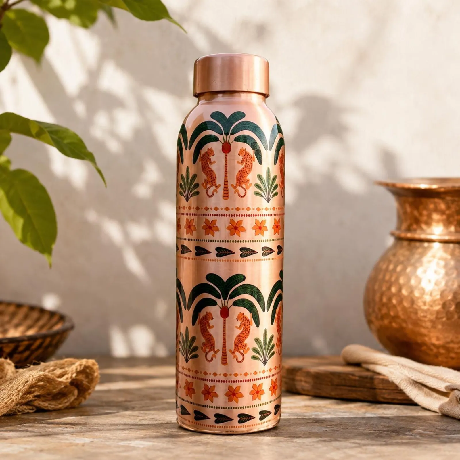 Pure Copper Water Bottle, Tiger Folk Art Design, Indian Drinkware, Boho Gift — photo 1