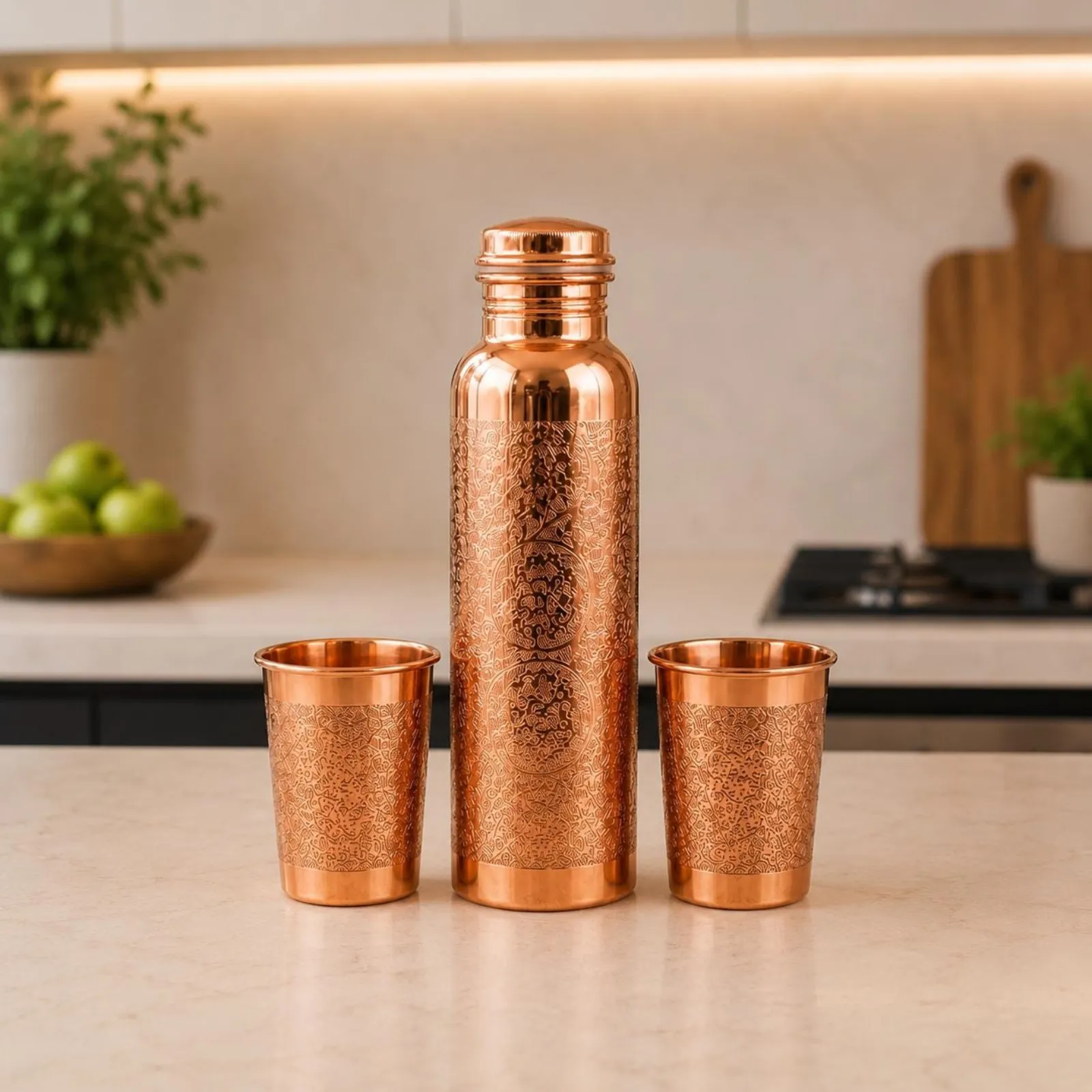 Pure Copper Bottle Set, Handcrafted Engraved Traditional Indian Drinkware