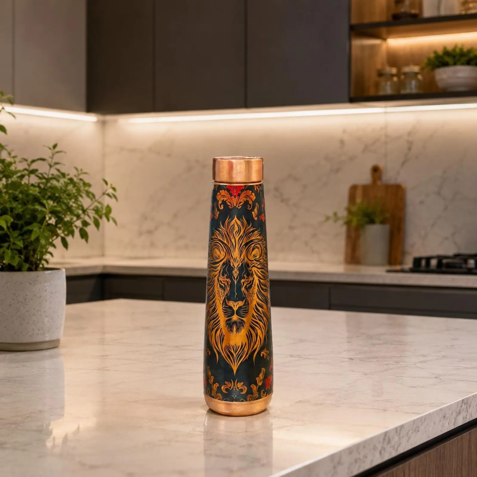 Pure Copper Bottle Lion Engraved Handcrafted Indian Drinkware | Gift For Her