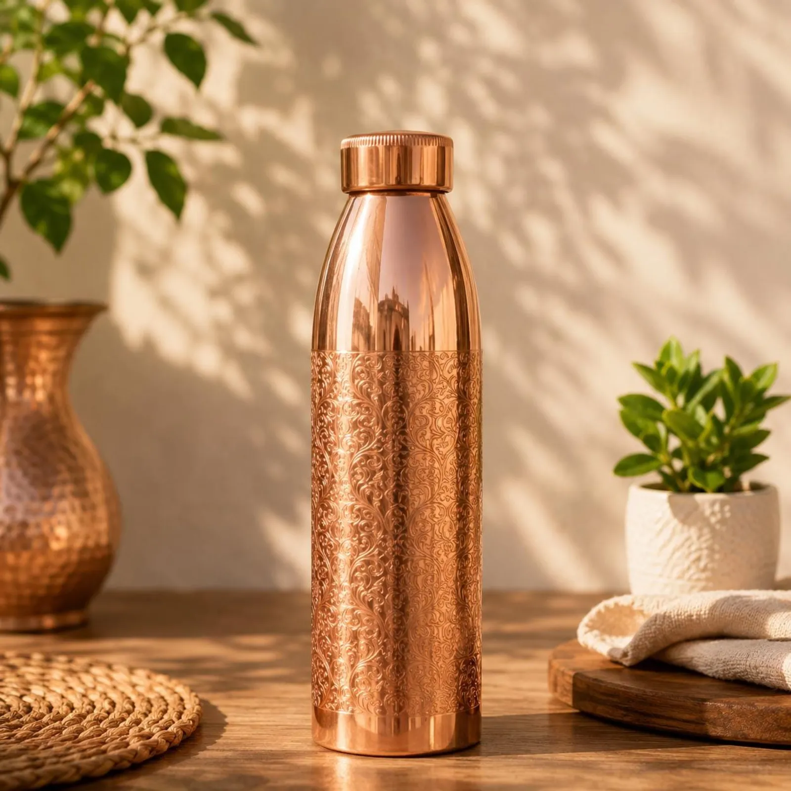 Engraved Copper Water Bottle | Ayurvedic Drinkware | Handmade Indian Gift — photo 1