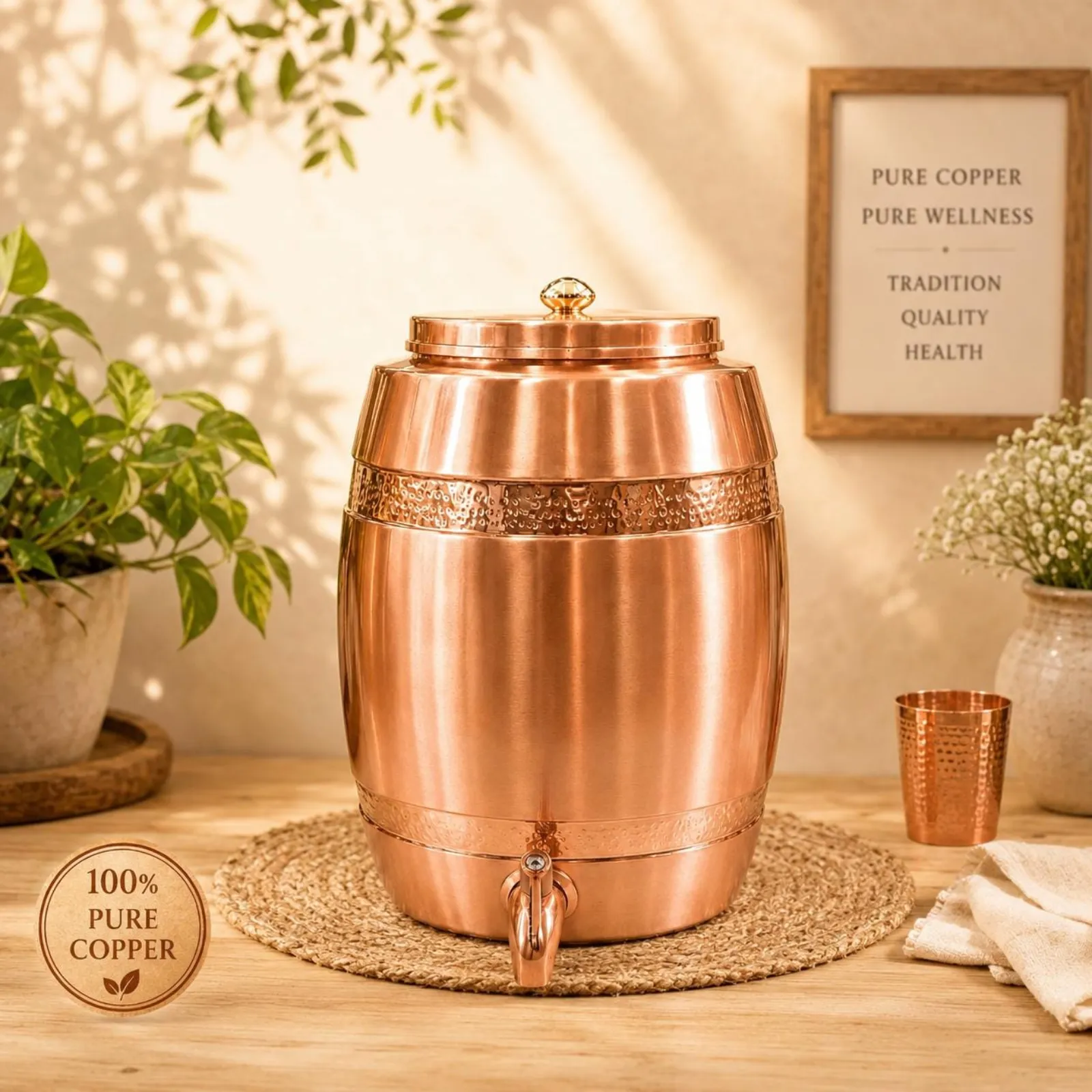 Pure Copper Water Dispenser with Tap | Hammered Copper Beverage Server | Kitchen Drinkware