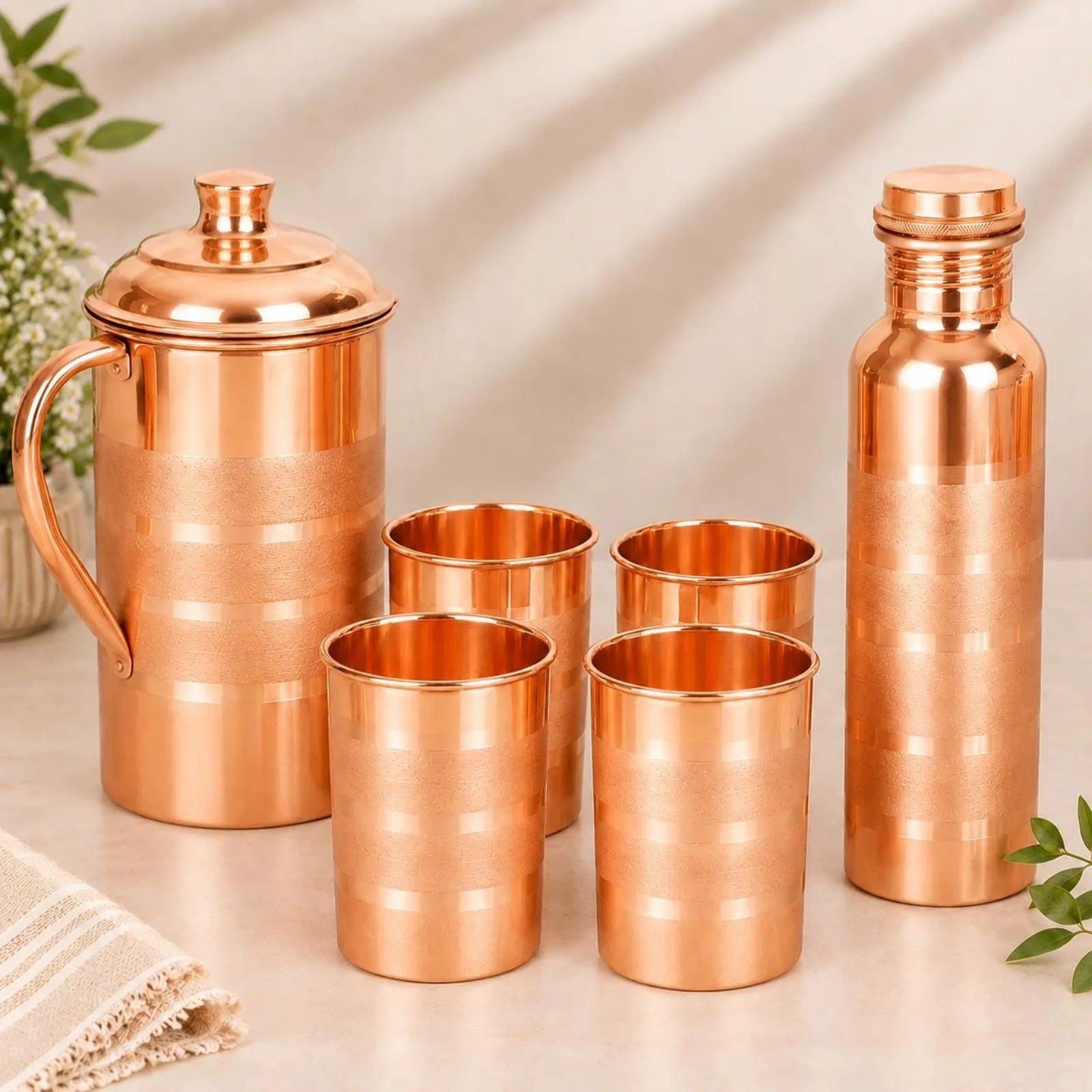 Handcrafted Copper Drinkware Set, Water Pitcher, Bottle and 4 Tumblers, Indian Tableware