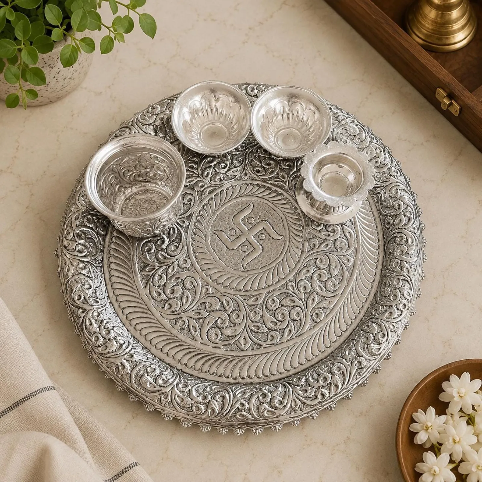 Handcrafted Silver Pooja Thali Set | Decorative Puja Plate with Kalash, Diya & Bowls | Festival Gift