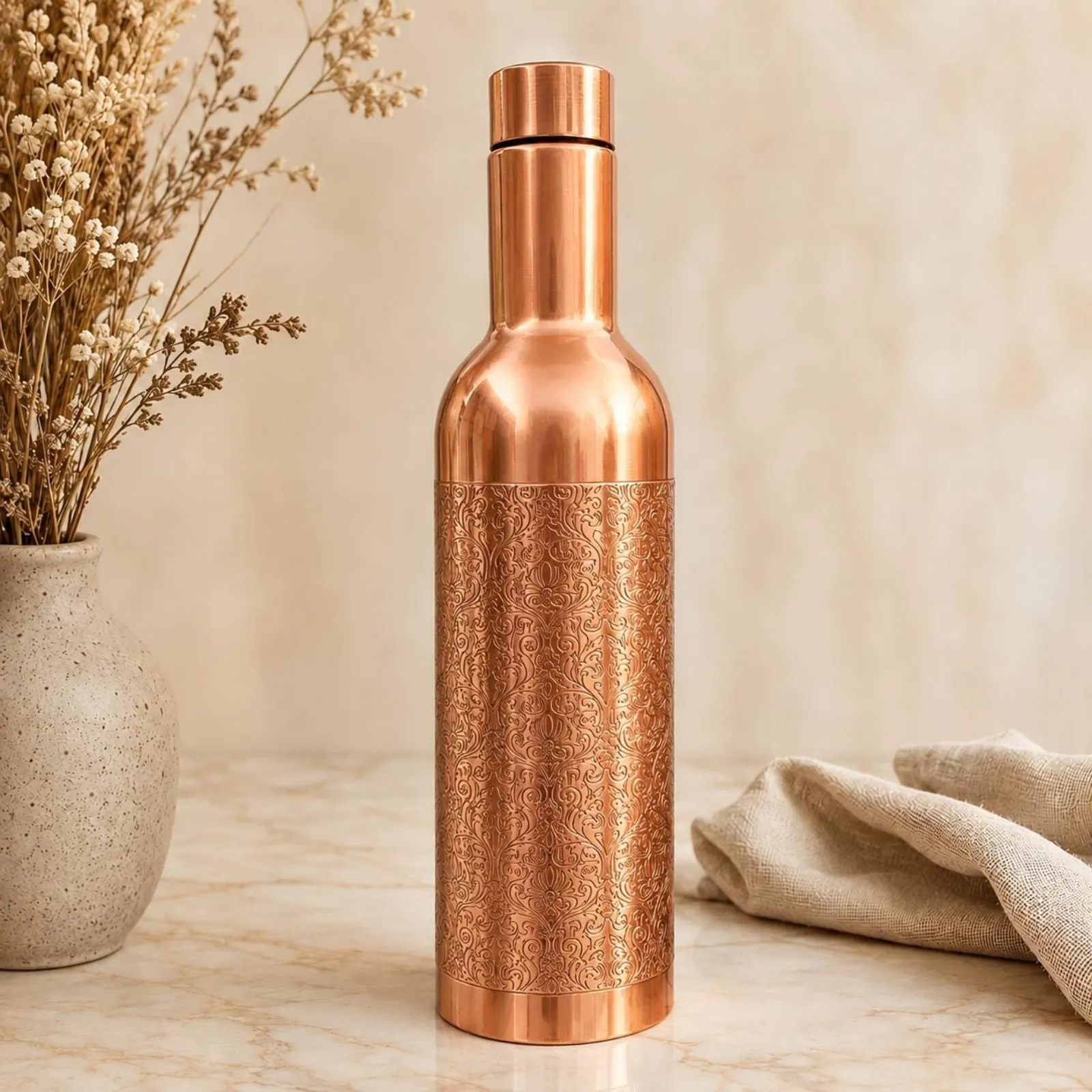 Handmade Indian Copper Water Bottle, Floral Etched Drinkware, Wellness Gift