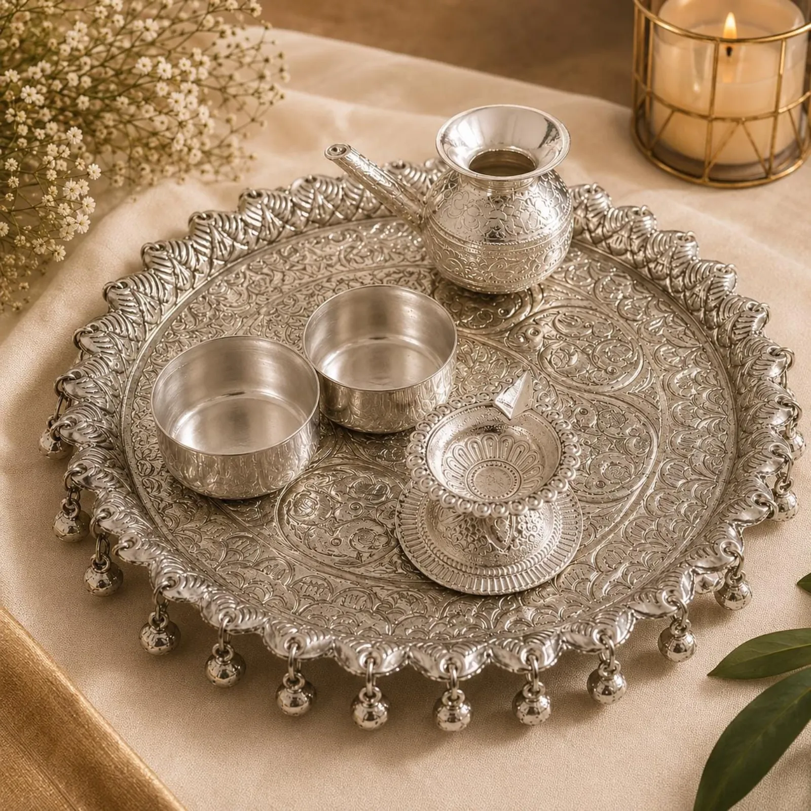 Pooja Thali Set, Silver Indian Prayer Thali 6 Inches, Hindu Worship Accessories