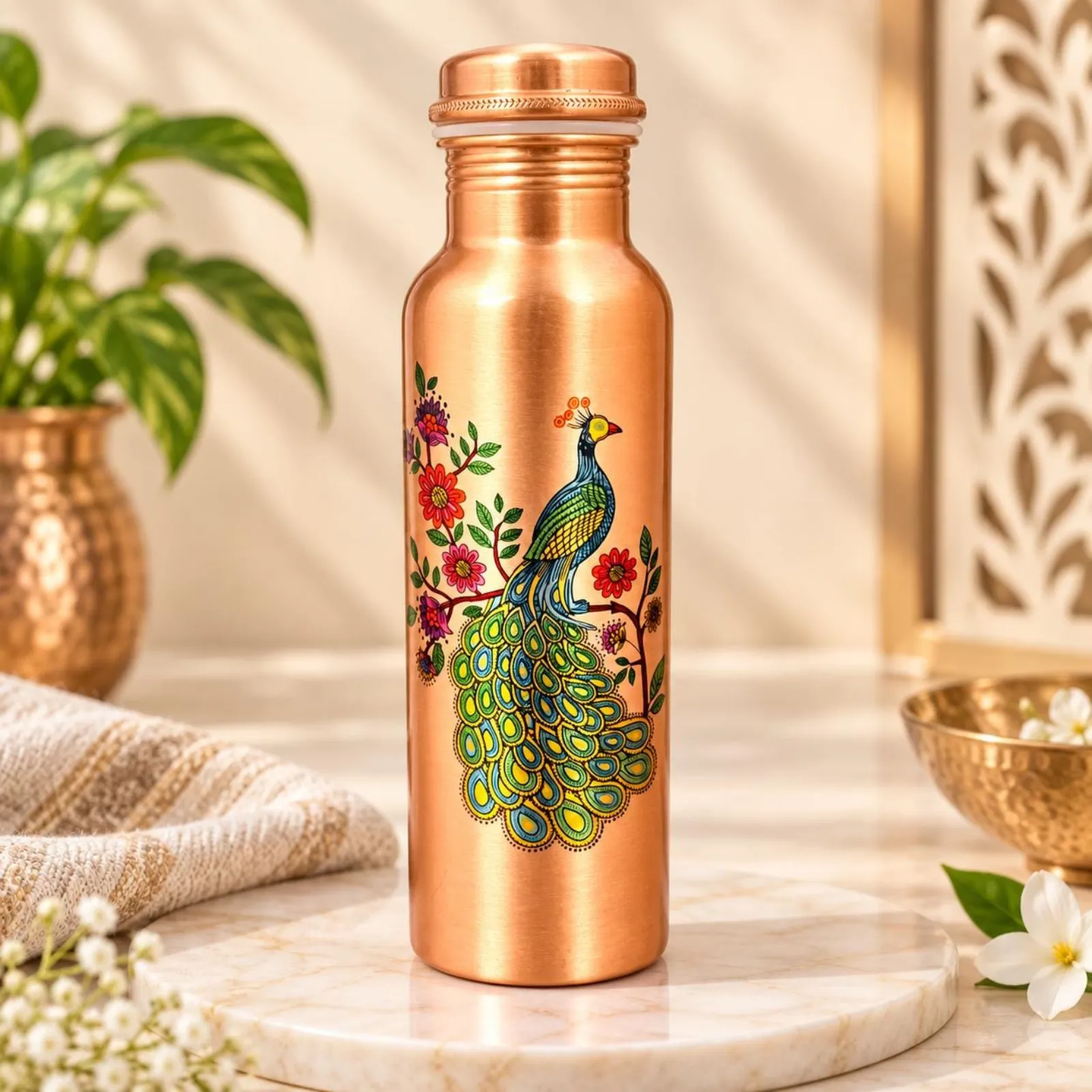 Peacock Copper Water Bottle, Indian Drinkware, Floral Wellness Gift — photo 1