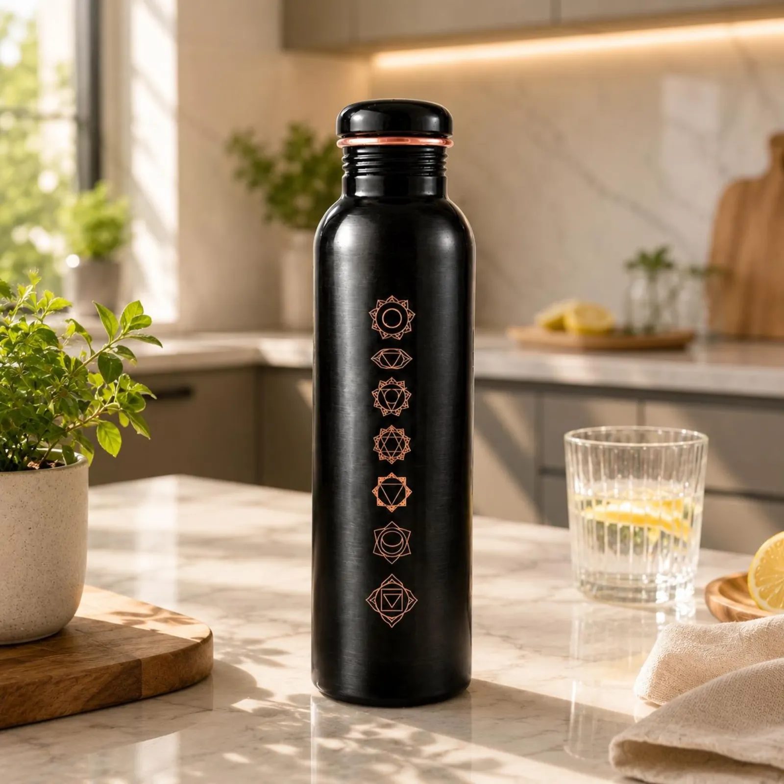 Seven Chakra Copper Water Bottle | Handmade Black Bottle | Spiritual Yoga Meditation Gift — photo 1