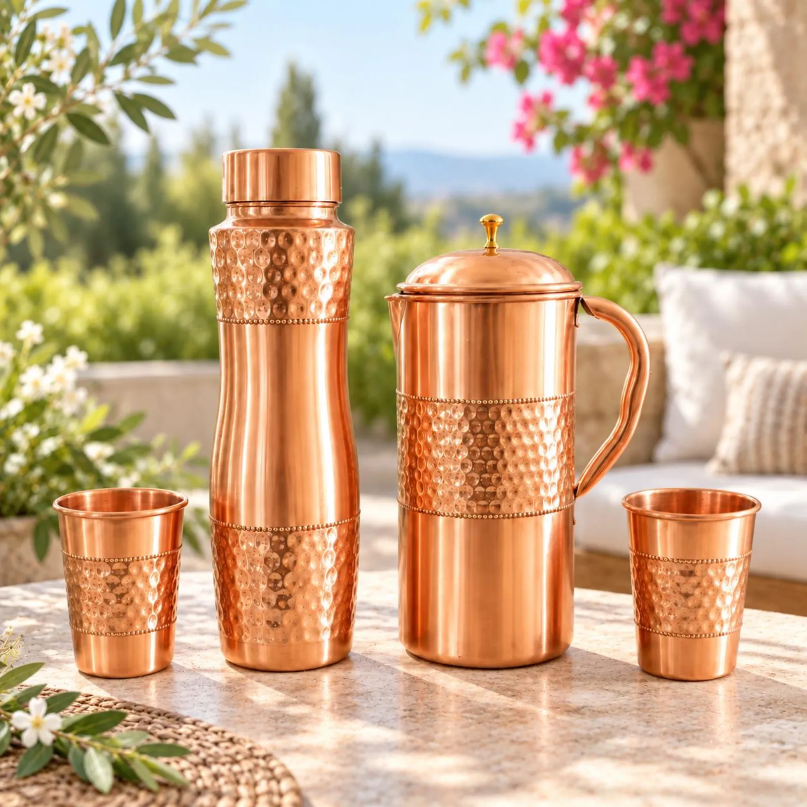 Hammered Copper Drinkware Set, Water Jug, Bottle & 2 Tumblers, Indian Housewarming Gift
