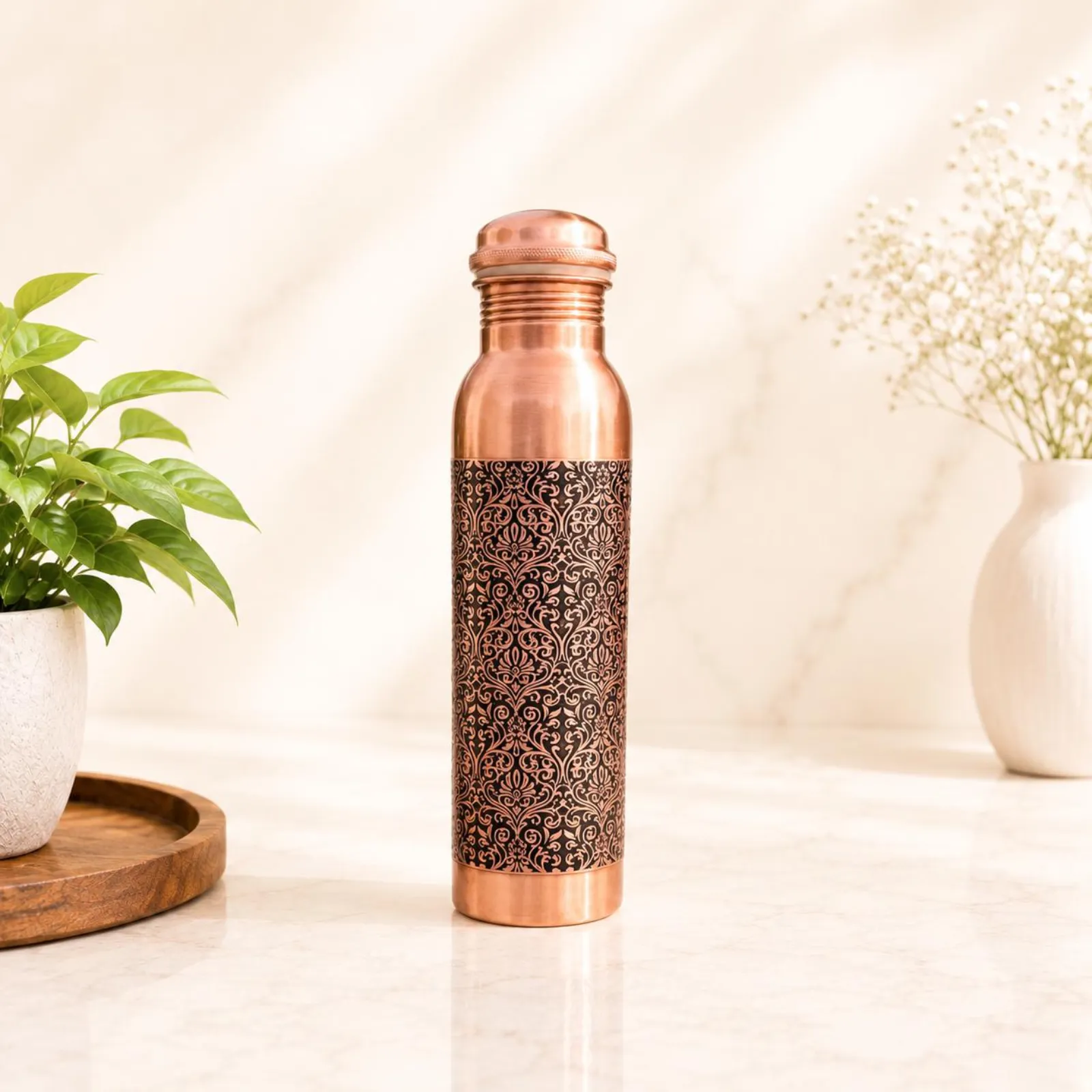 Pure Copper Black Floral Pattern Bottle, Indian Inspired Drinkware, Gift For Her — photo 1
