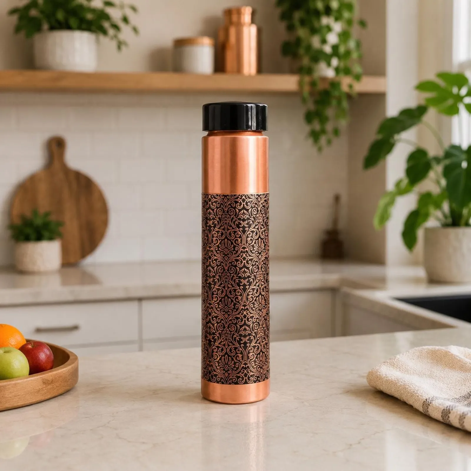 Pure Copper Bottle Black Engraved, Indian Style Drinkware, Reusable Water Bottle, Gift For Her — photo 1