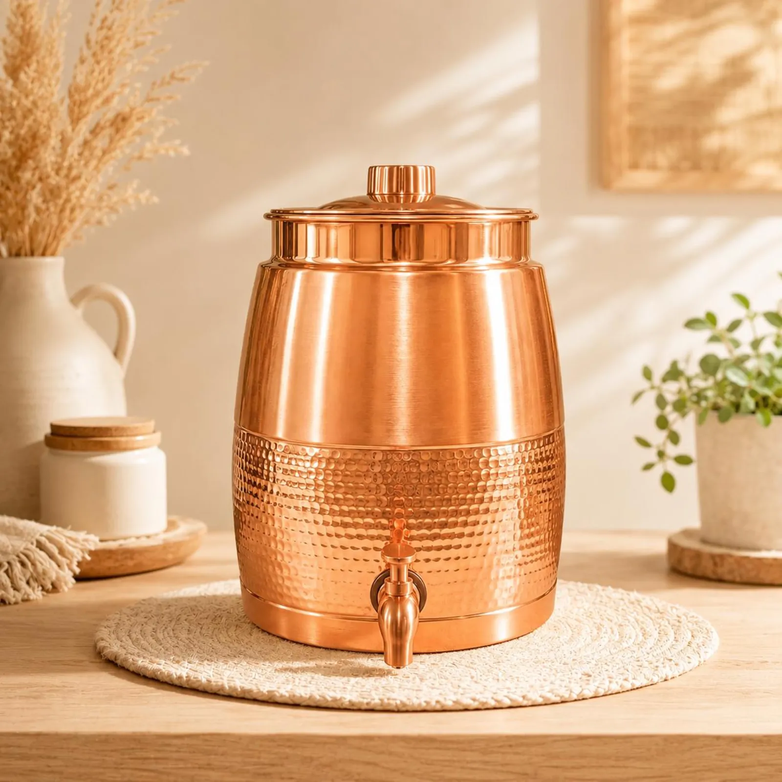 Handcrafted Copper Water Dispenser, Hammered Beverage Server with Lid and Tap