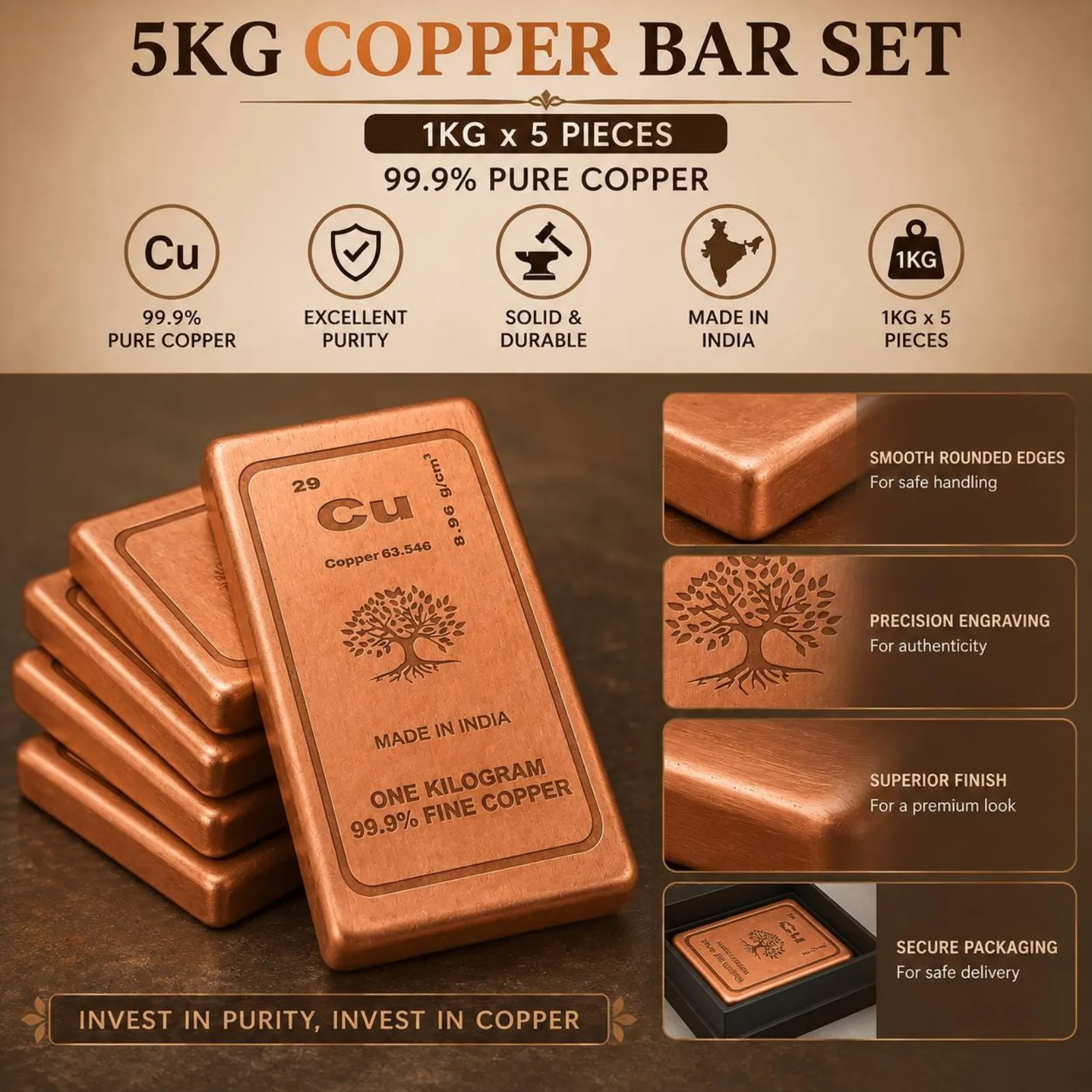 5KG Pure Copper Bar Set, Five 1KG Ingots, 99.9% Fine Metal, Heavy Collector Gift