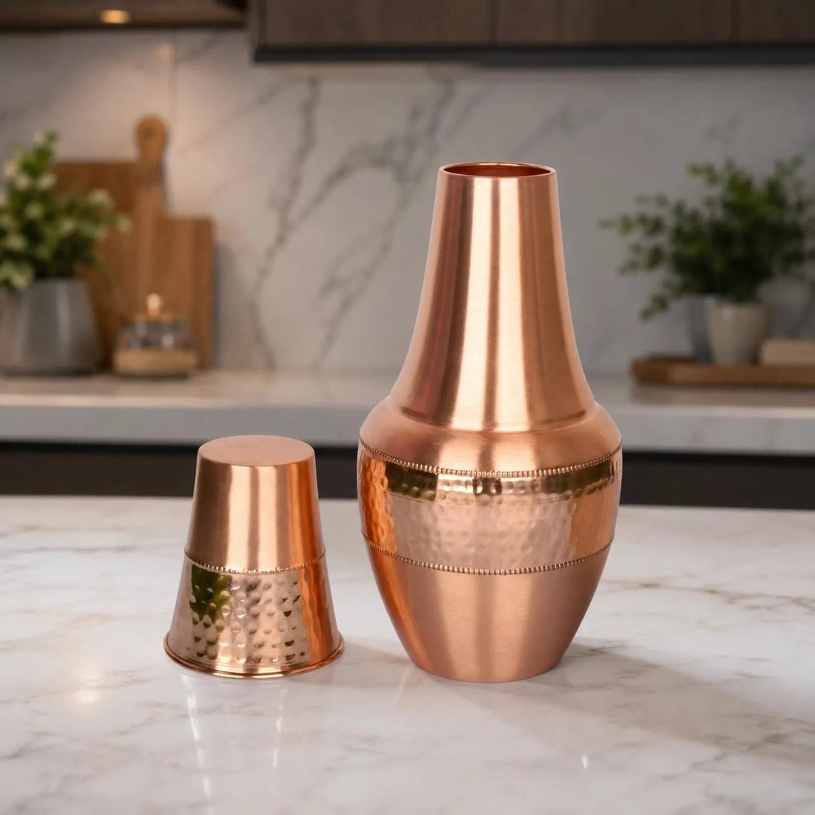 Pure Copper Bottle with Glass, Handmade Hammered Ayurvedic Drinkware — photo 1