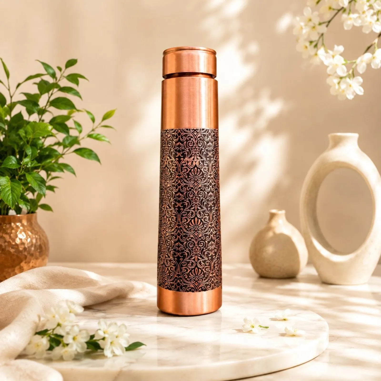 Pure Copper Black Floral Pattern Bottle, Indian Inspired Drinkware, Gift For Her