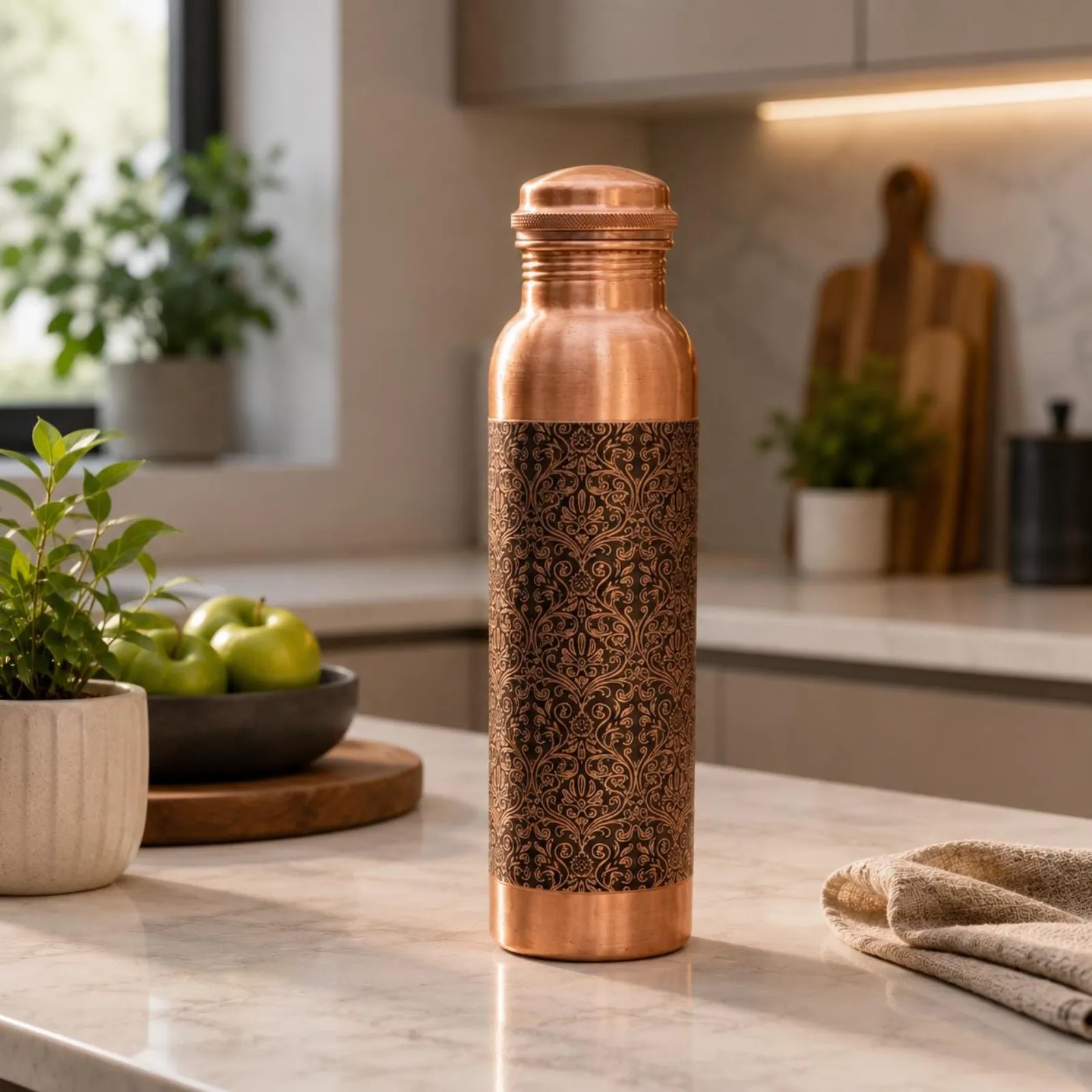 Pure Copper Handcrafted Engraved Water Bottle | Indian Artisan Drinkware | Ayurvedic Inspired Gift — photo 1