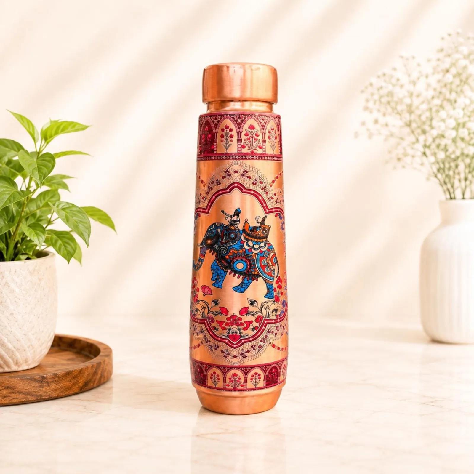 Pure Copper Elephant Folk Art Design Bottle, Reusable Drinkware, Unique Kitchen Gift — photo 1