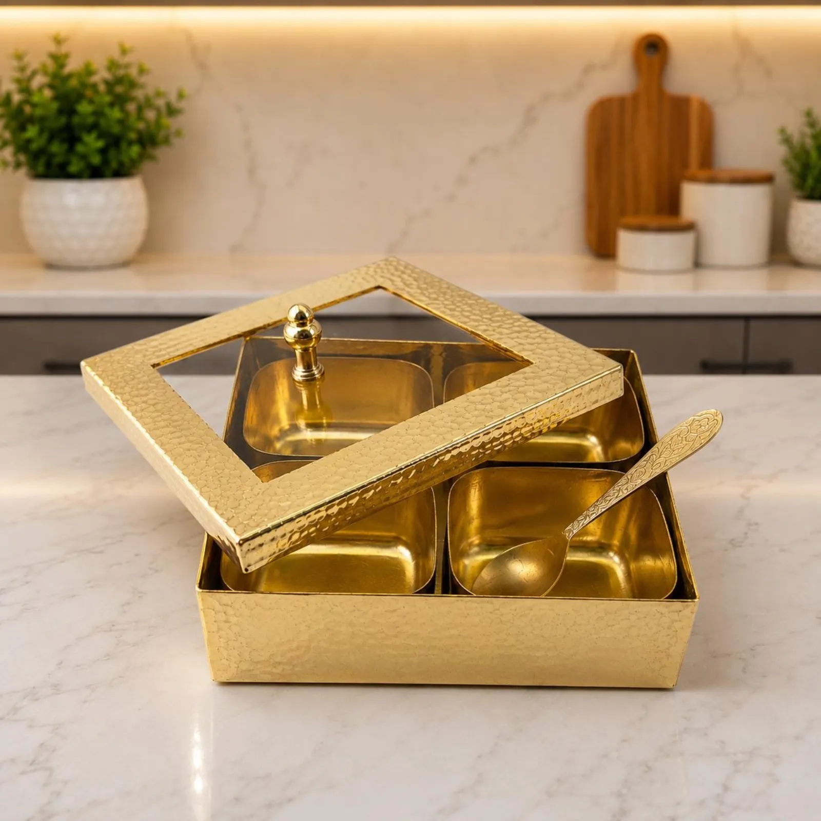 Brass Dry Fruit Serving Tray with Spoon Handmade Four Compartment Snack Box