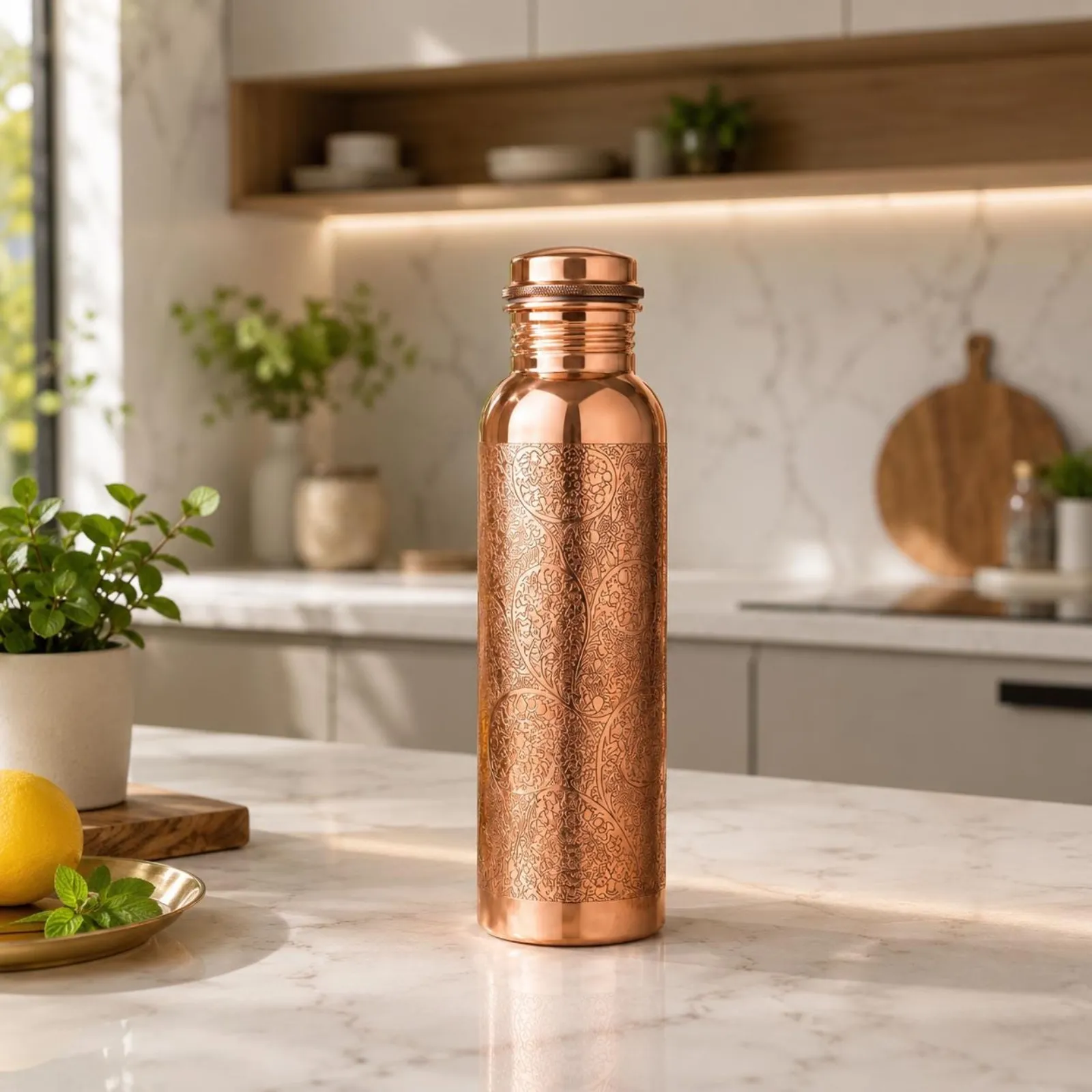Pure Copper Water Bottle | Leak Proof Lid | Floral Pattern | Gift For Her — photo 1