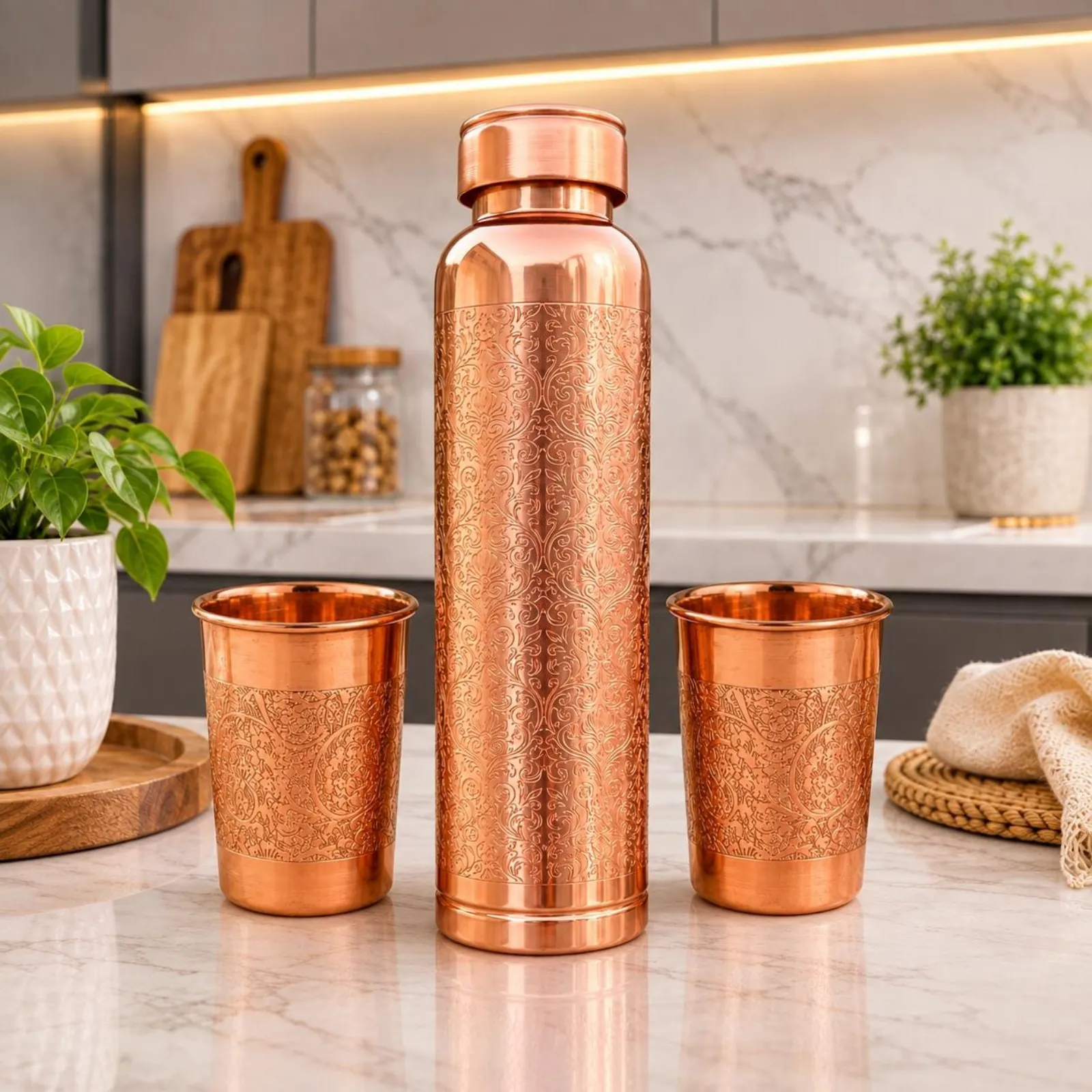 Pure Copper Bottle Set, Handcrafted Engraved Traditional Indian Drinkware — photo 1