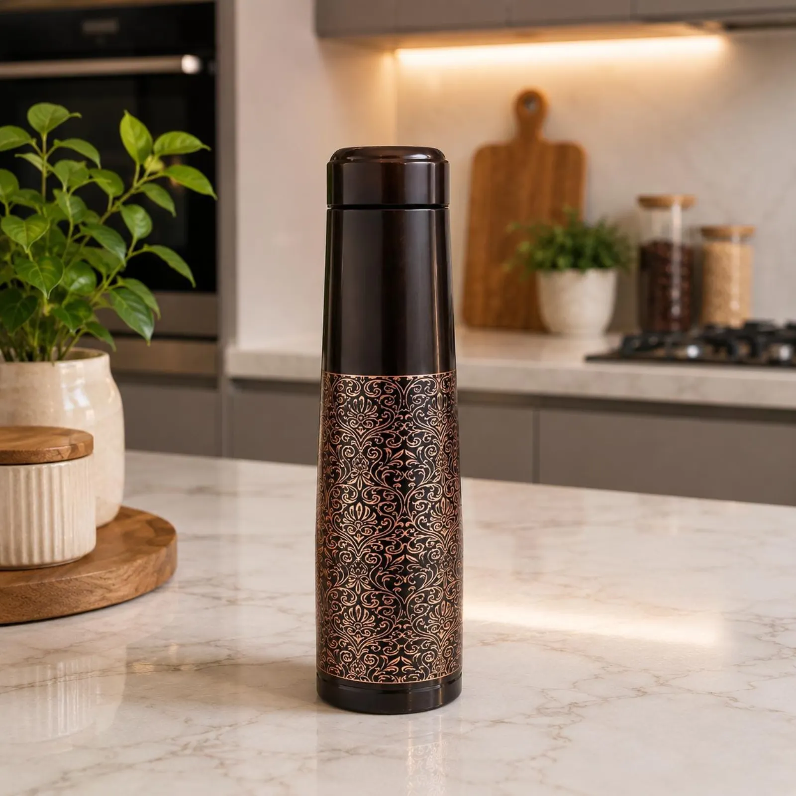Black Pure Copper Engraved Water Bottle, Indian Handmade Bottle, Gift For Her — photo 1