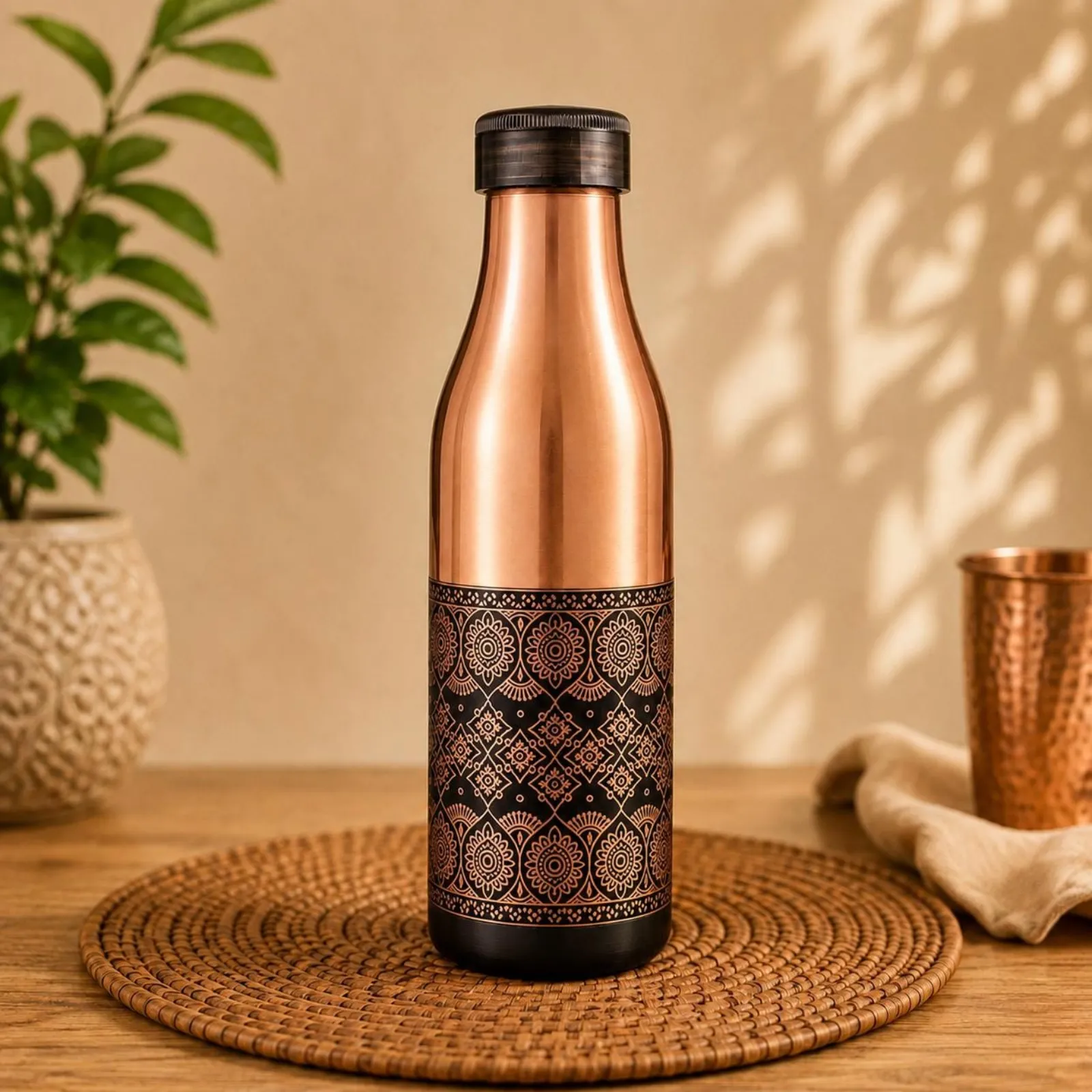 Copper Water Bottle with Black Mandala Design, Indian Drinkware, Boho Wellness Gift — photo 1