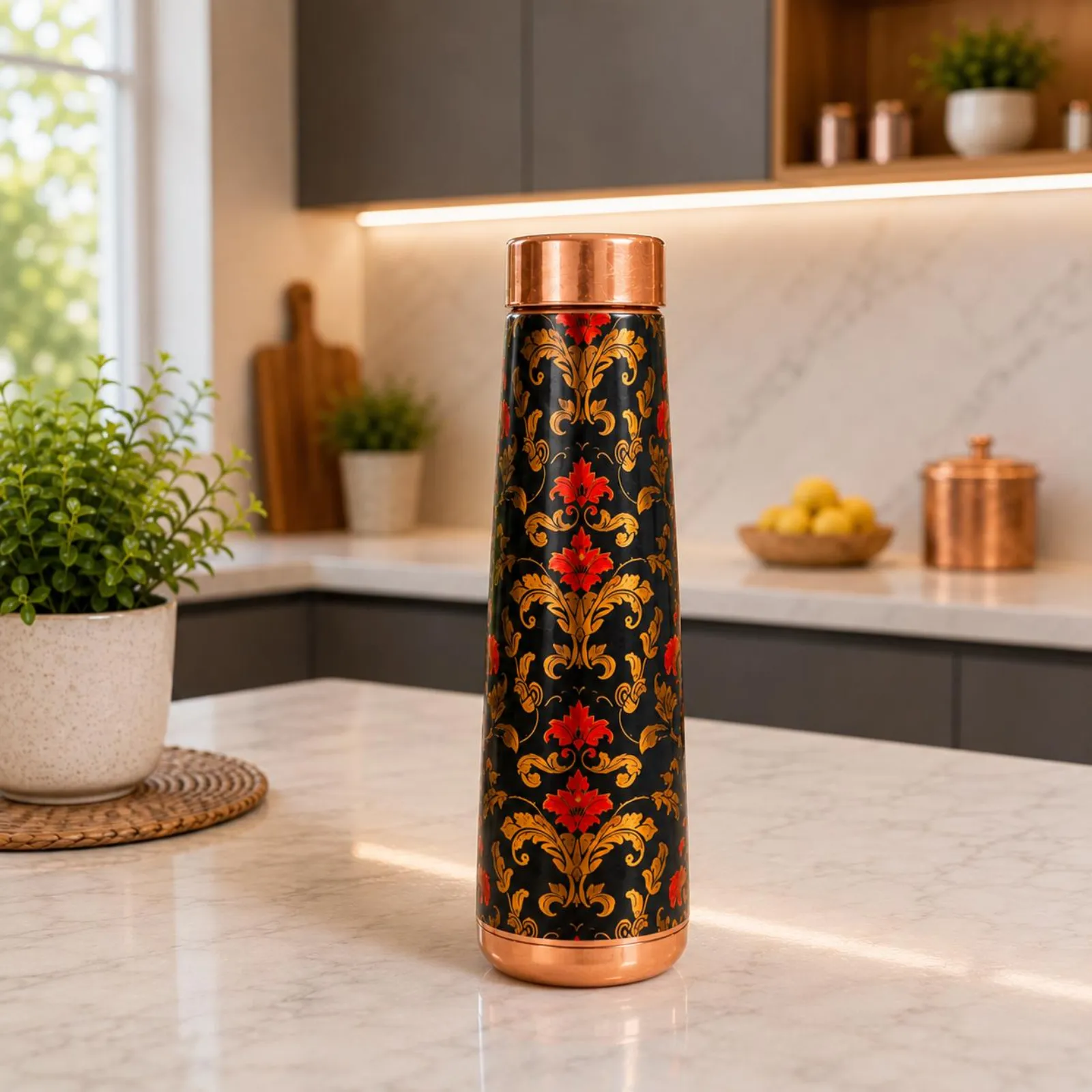 Pure Copper Floral Water Bottle | Handcrafted Indian Drinkware | Decorative Gift | Gift For Her