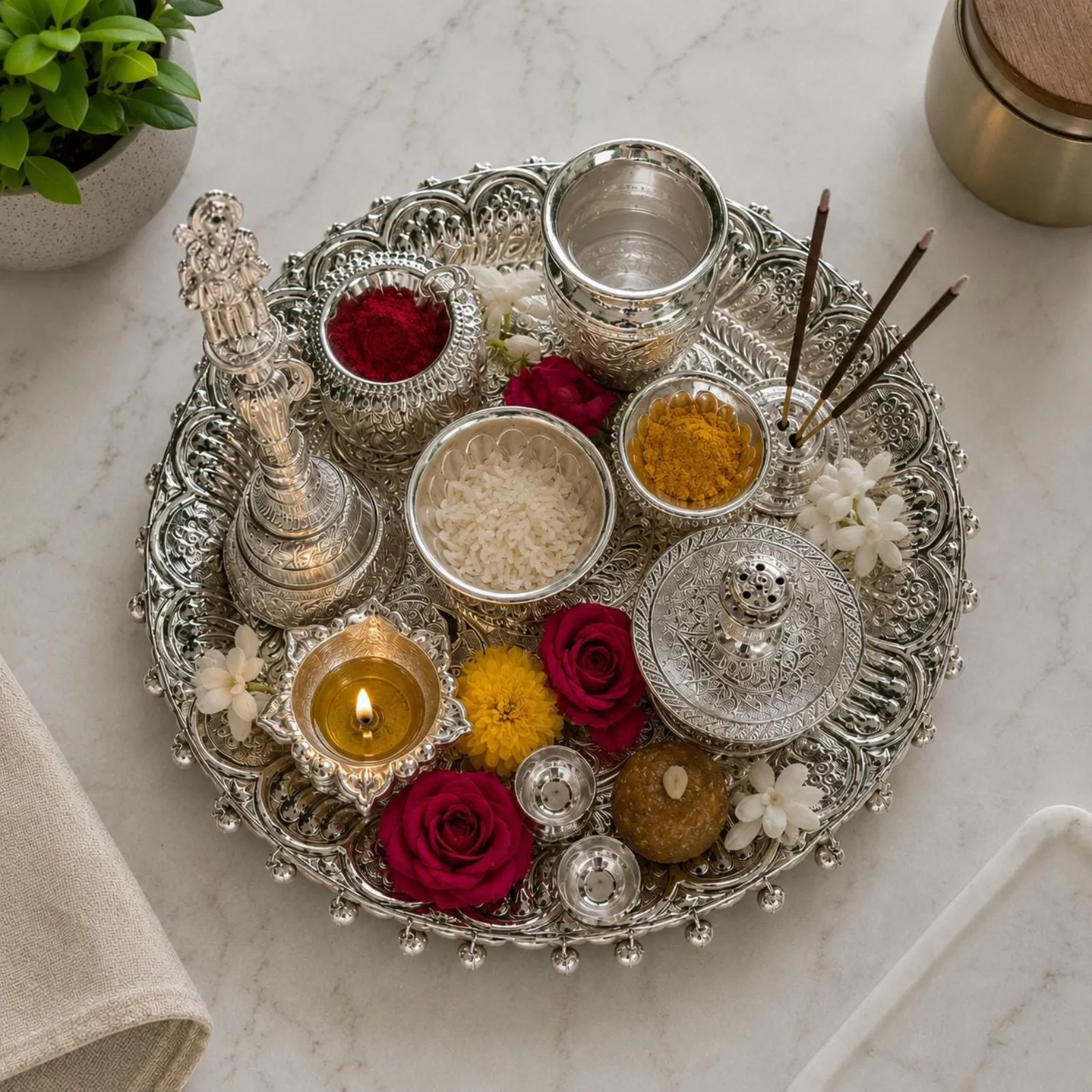 Handcrafted Silver Pooja Thali Set | Complete Puja Plate with Diya, Kalash & Bell | Festival Gift