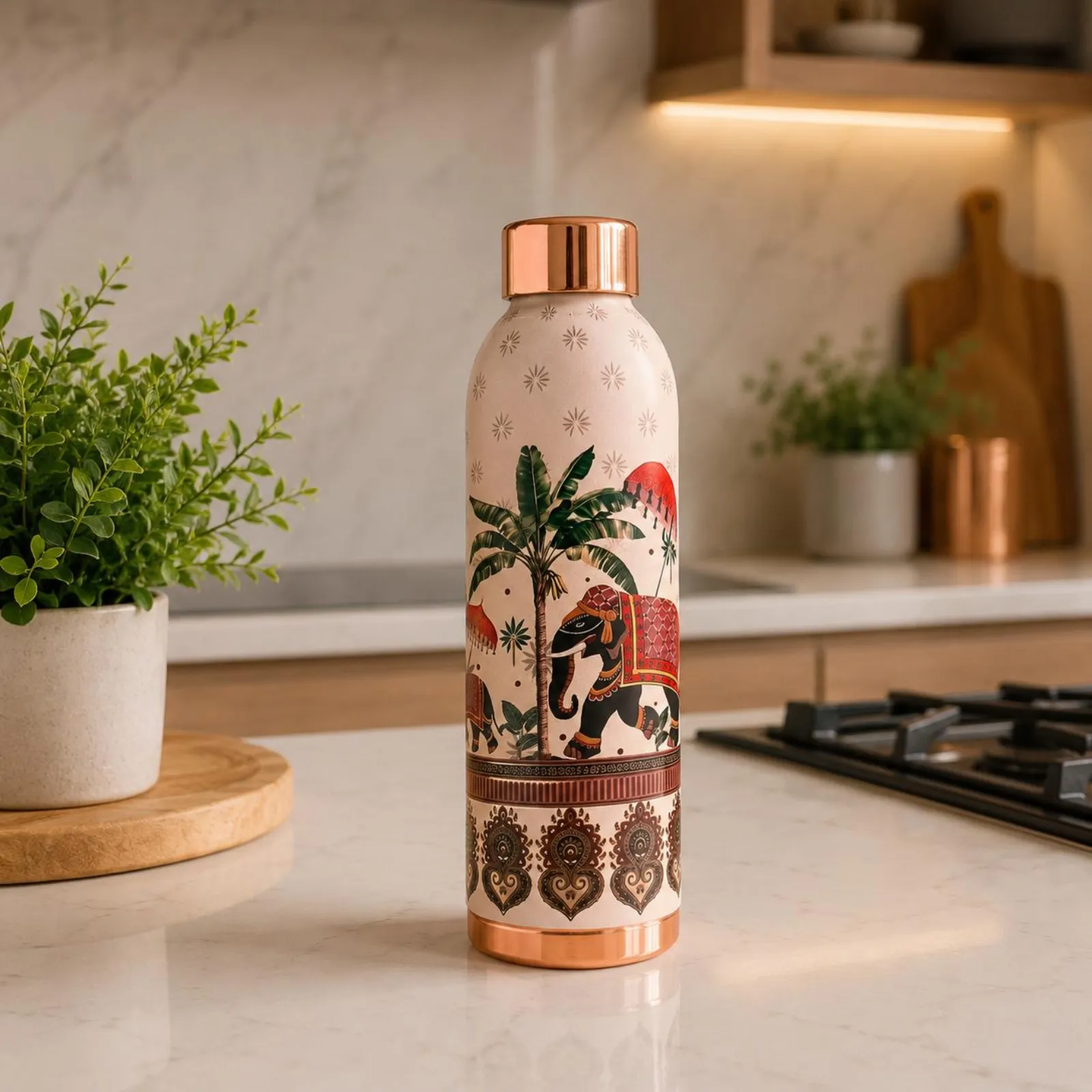 Pure Copper Bottle With Elephant Art, Decorative Reusable Drinkware, Gift For Her