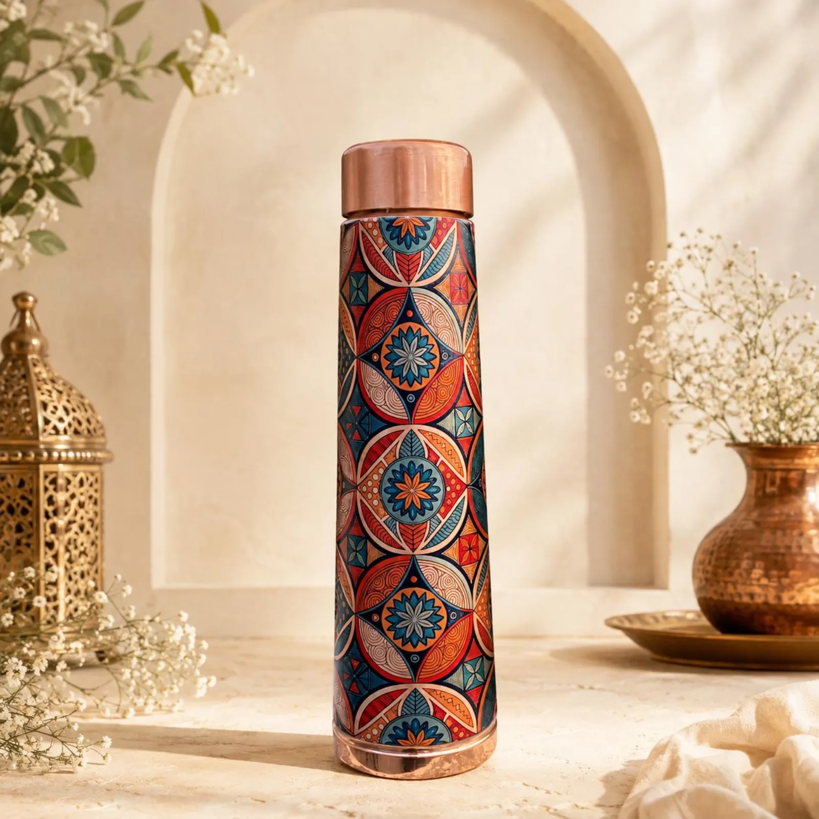 Mandala Copper Water Bottle, Colorful Indian Drinkware, Boho Wellness Gift — photo 1