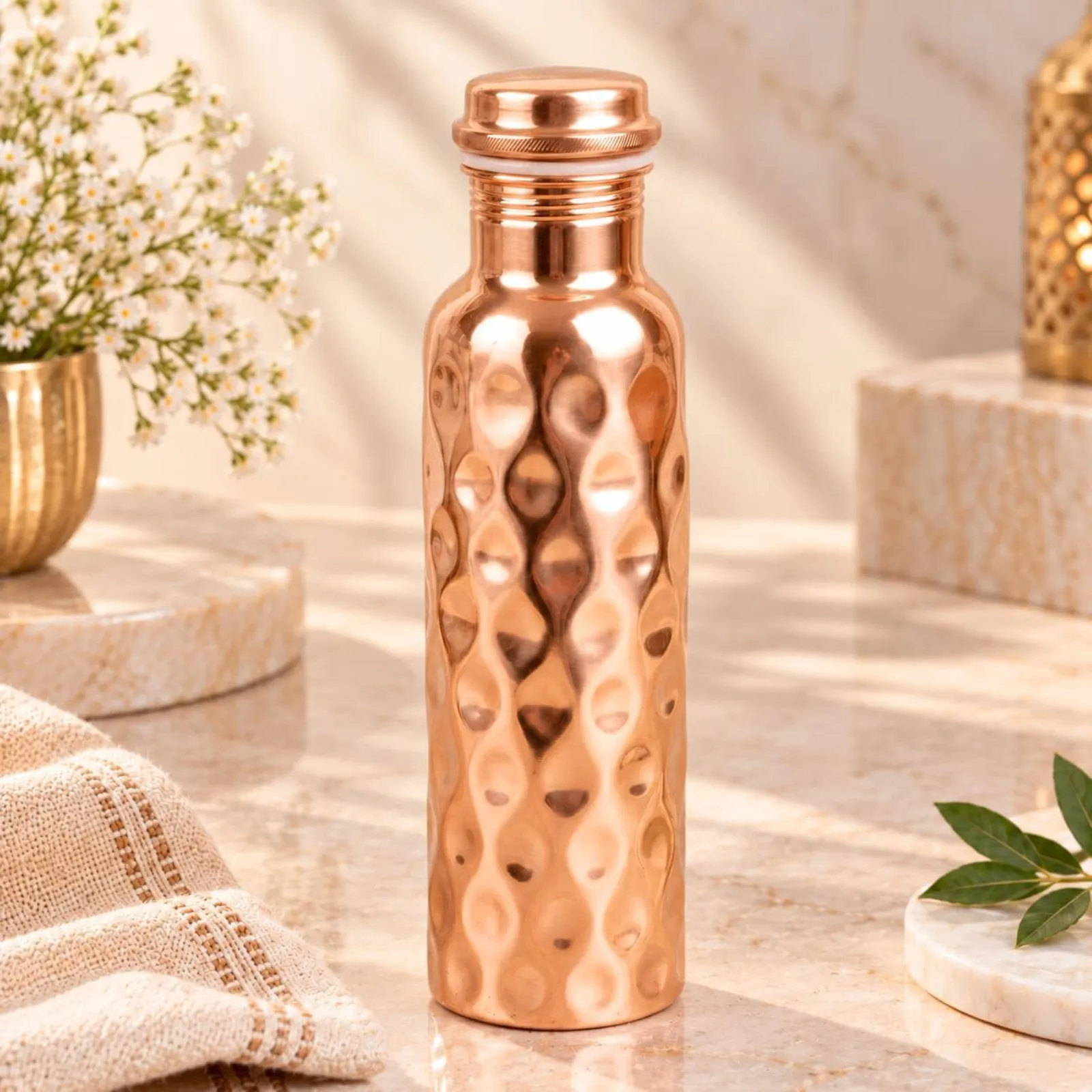 Pure Copper Water Bottle, Handmade Indian Drinkware, Reusable Wellness Gift