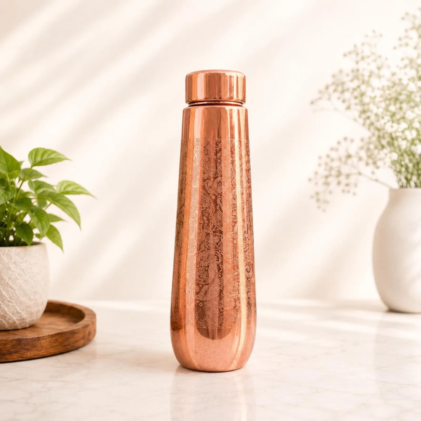 Pure Copper Engraved Water Bottle, Paisley Pattern, Drinkware, Reusable Bottle, Gift For Her — photo 1