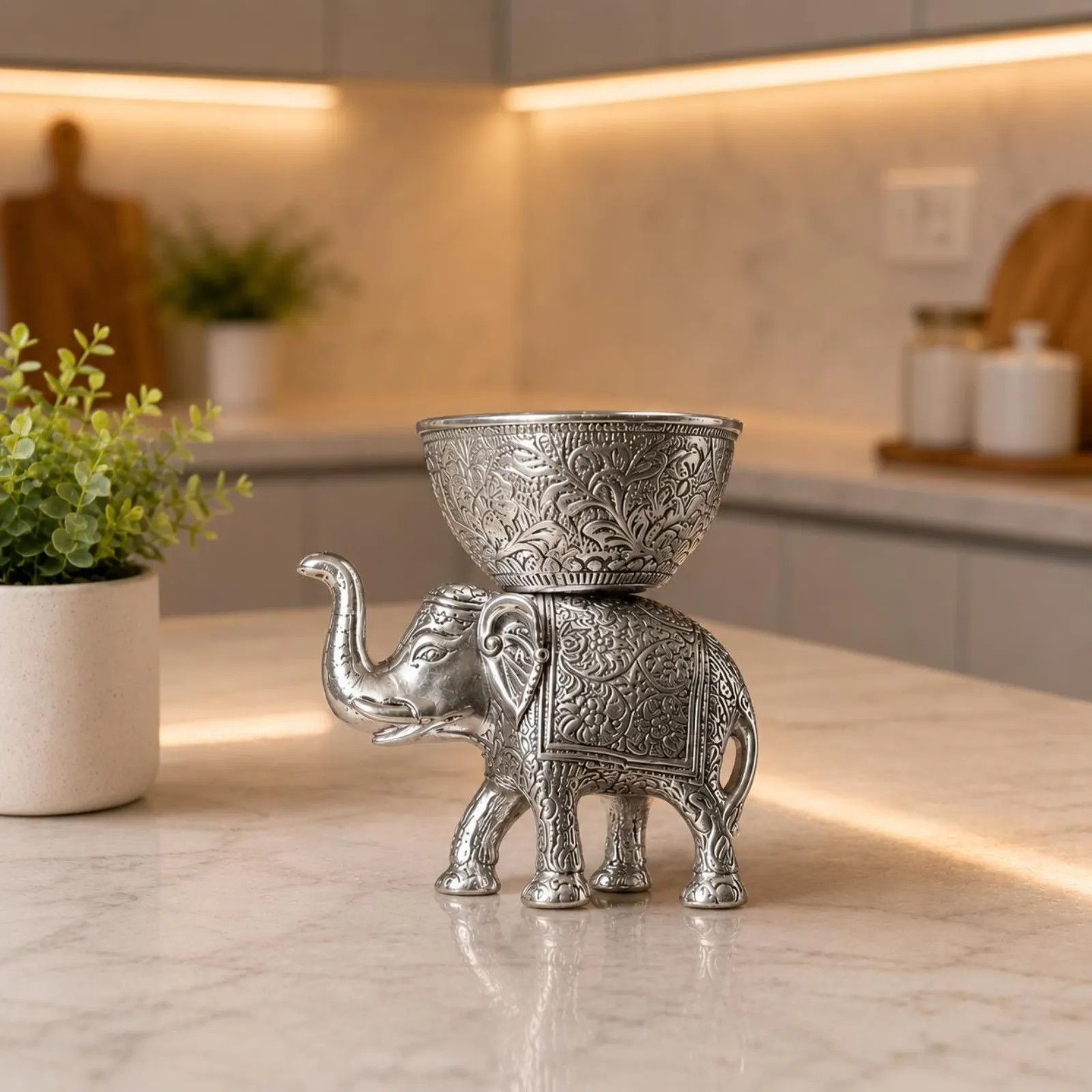 Handcrafted Elephant Bowl Decor | Silver Finish Decorative Bowl | Indian Home Accent Gift