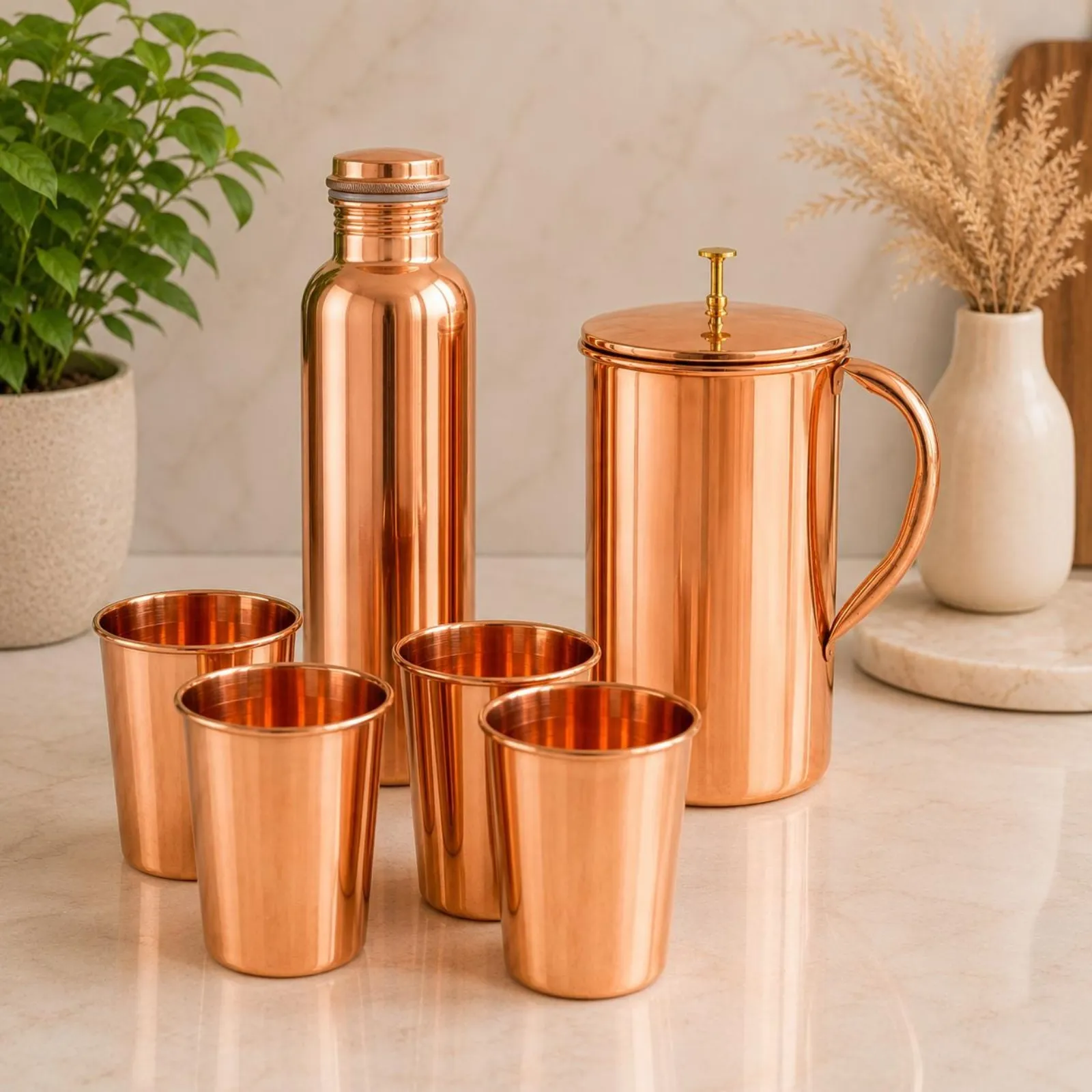 Pure Copper Drinkware Set | 1L Bottle Jug & 4 Glasses | Anniversary Gift