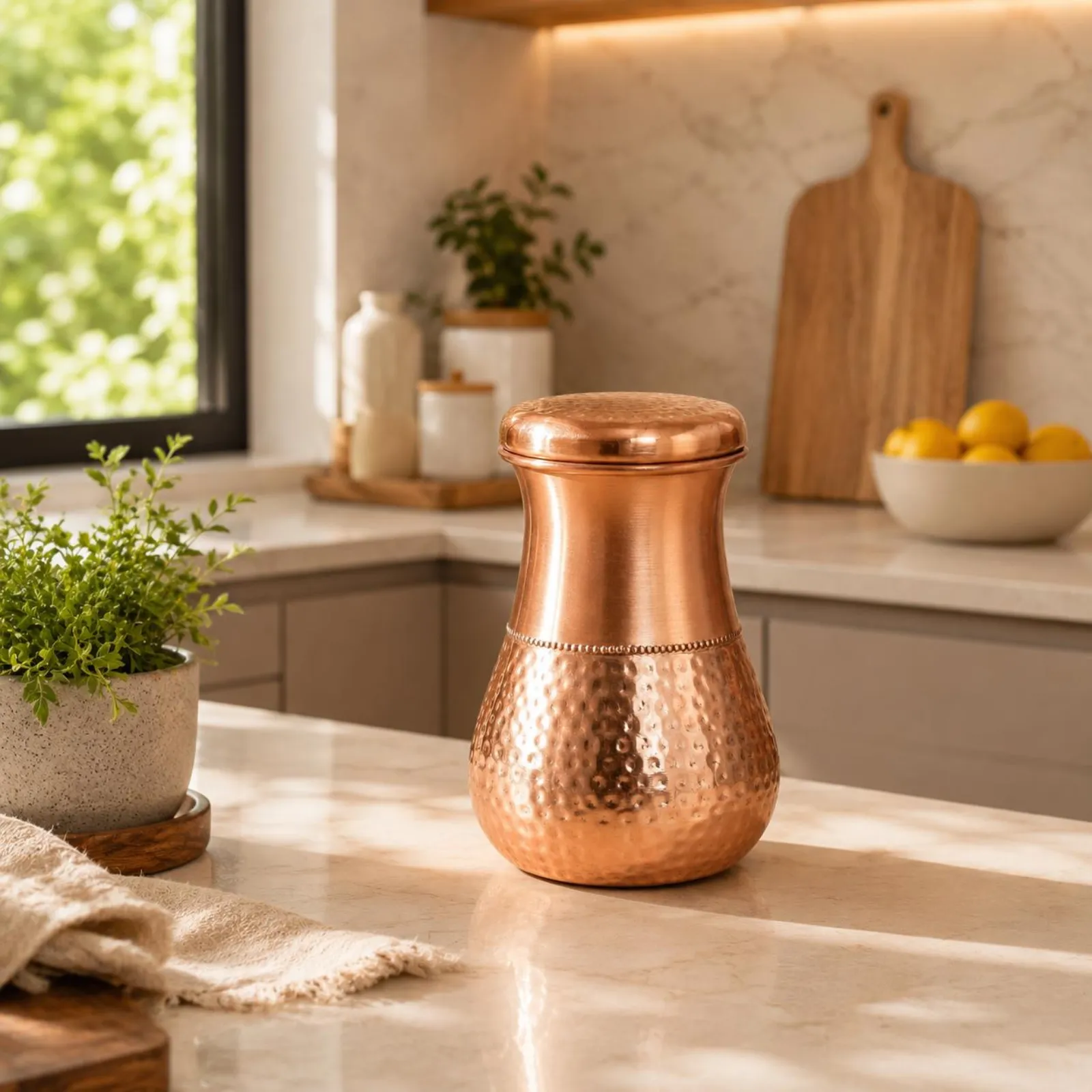 Handmade Ayurvedic Copper Flask with Lid | Pure Copper Water Vessel | Rustic Kitchen Gift — photo 1
