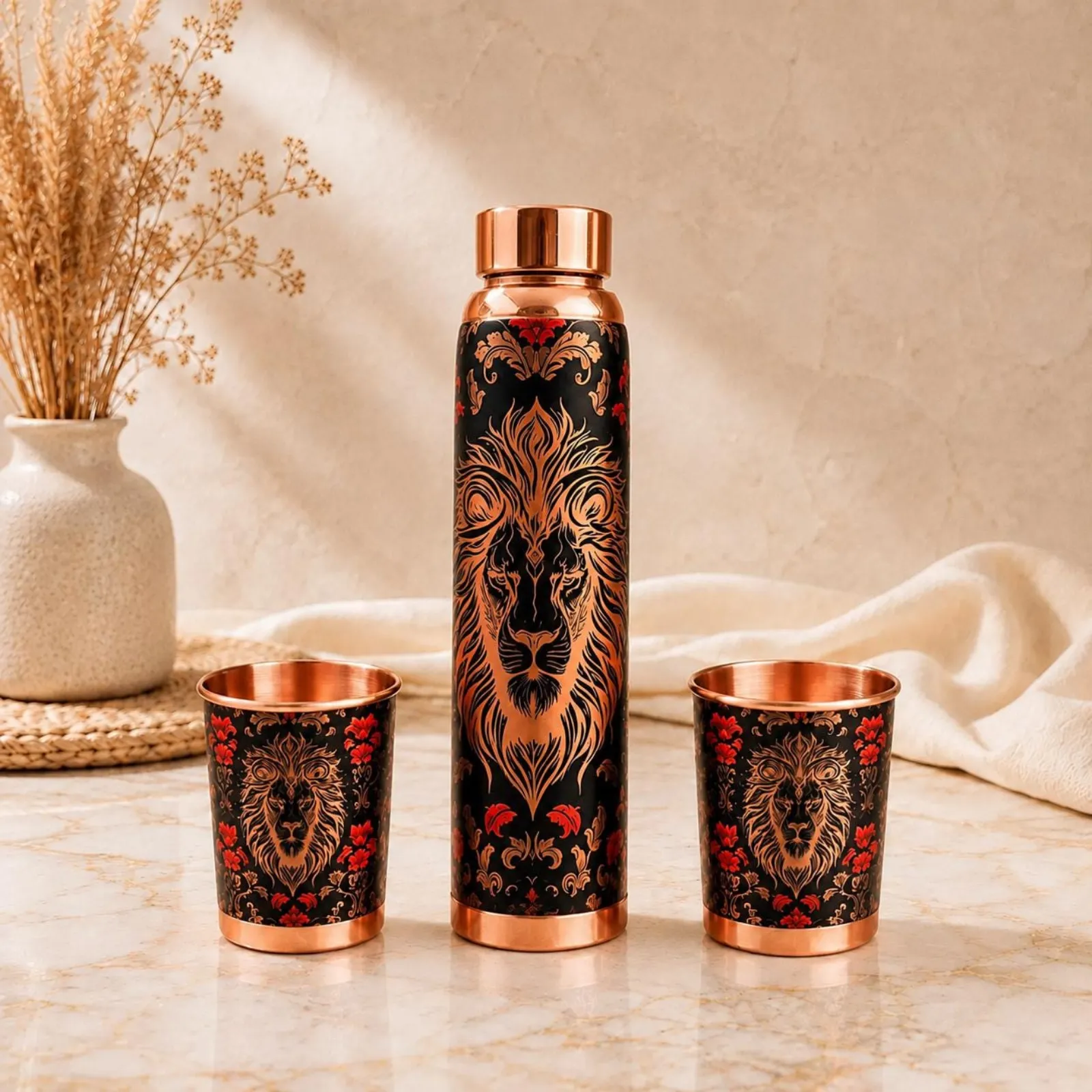 Lion Design Copper Water Bottle Set with 2 Tumblers, Handmade Indian Copper Drinkware