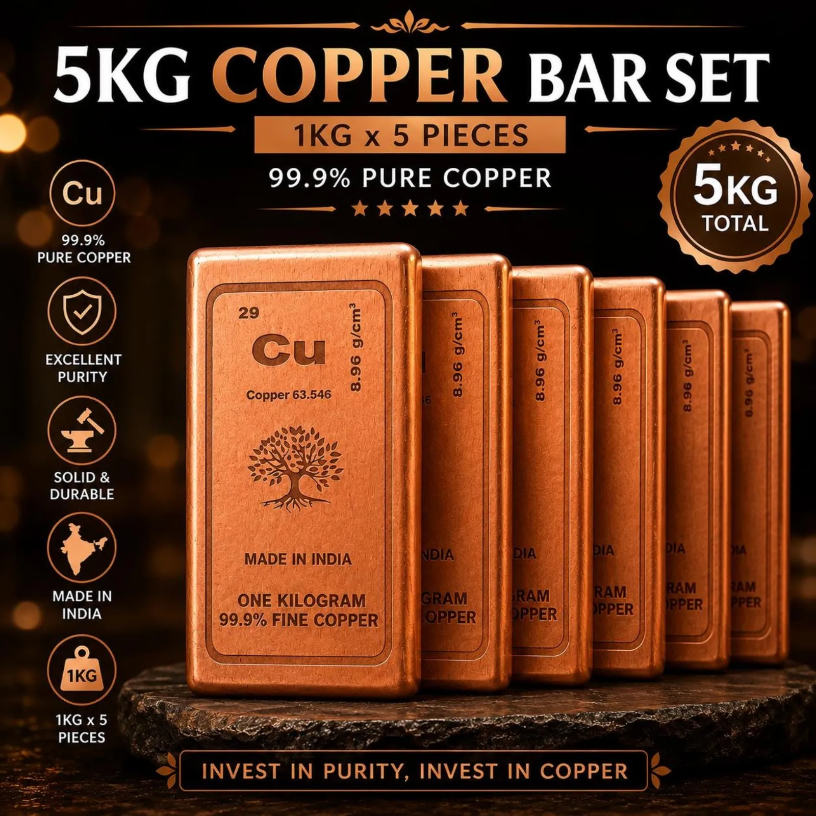 5KG Pure Copper Bar Set, Five 1KG Ingots, 99.9% Fine Metal, Heavy Collector Gift