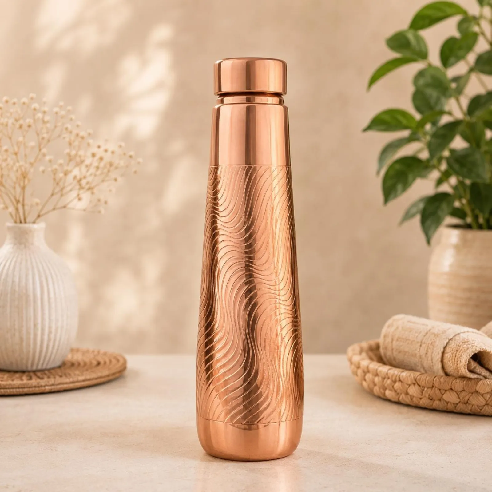 Wave Engraved Copper Water Bottle, Handmade Indian Drinkware, Wellness Gift — photo 1