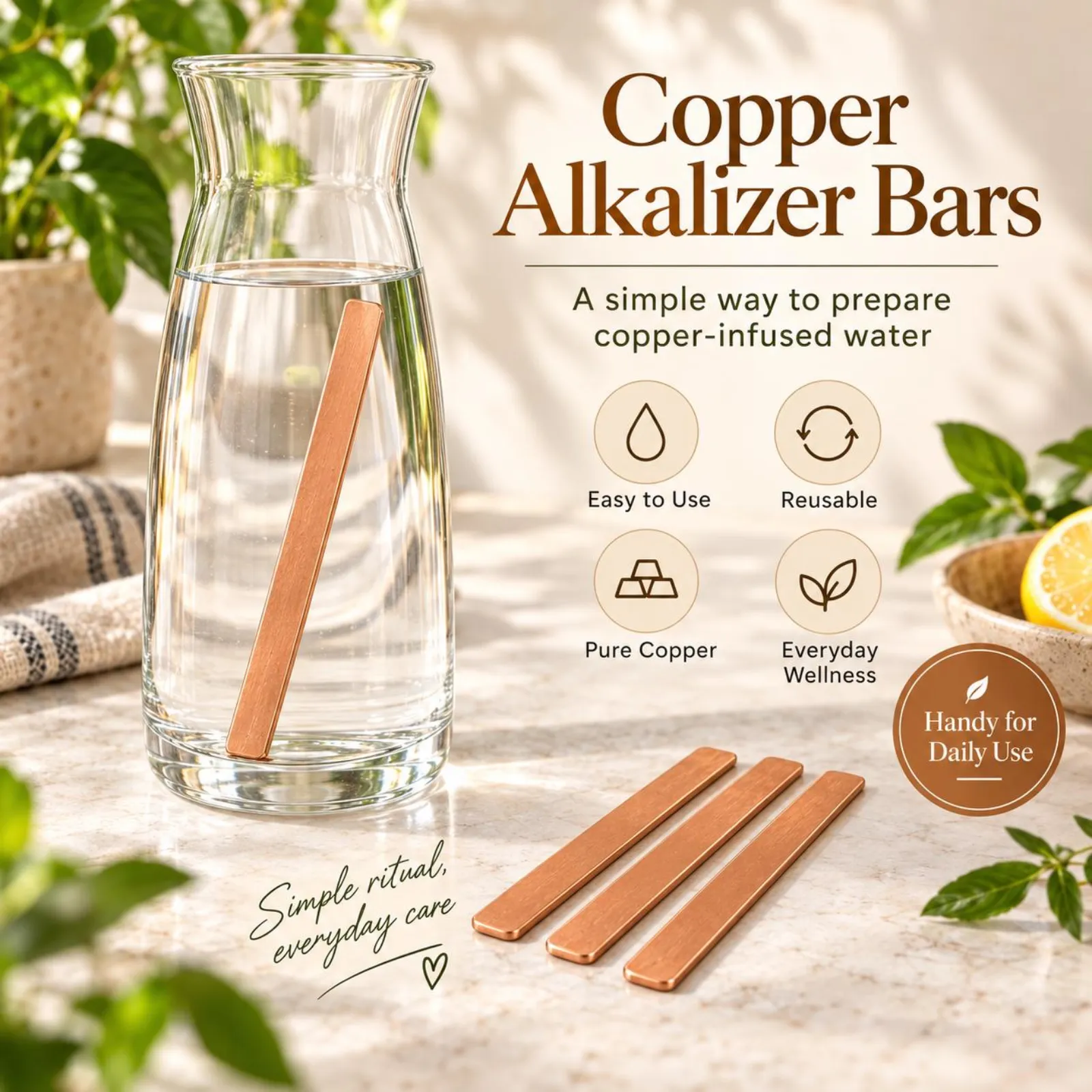99.9% Pure Copper Alkalizer Sticks, Reusable Wellness Sticks, Drinkware Accessory