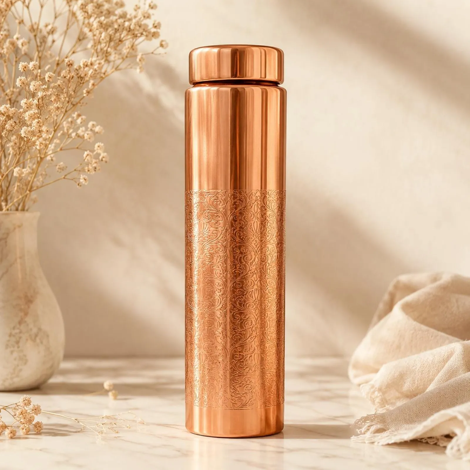 Handmade Indian Copper Water Bottle, Floral Etched Drinkware, Wellness Gift — photo 1