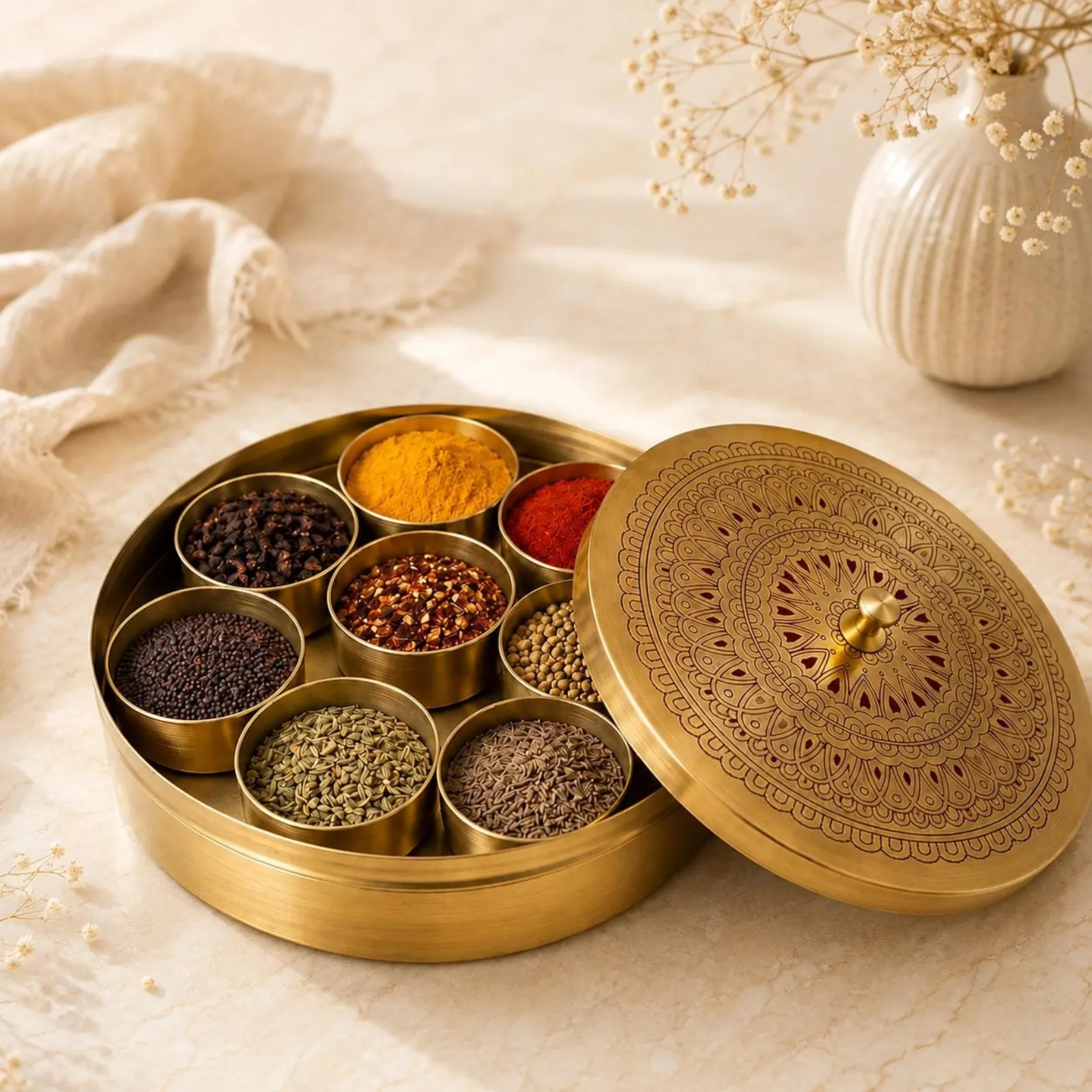 Brass Masala Dabba, Engraved Spice Box with 8 Bowls, Indian Kitchen Gift