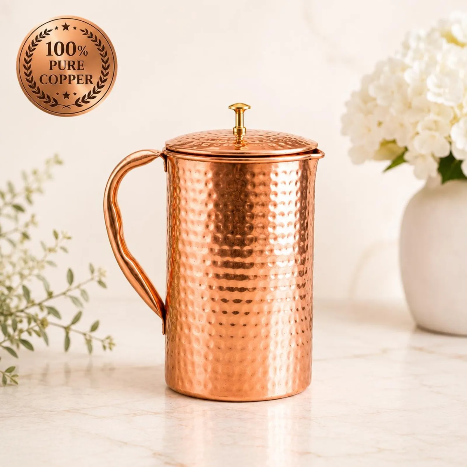 Handmade Pure Copper Hammered Water Pitcher & Glasses | Indian Kitchen Drinkware (1 Liter)