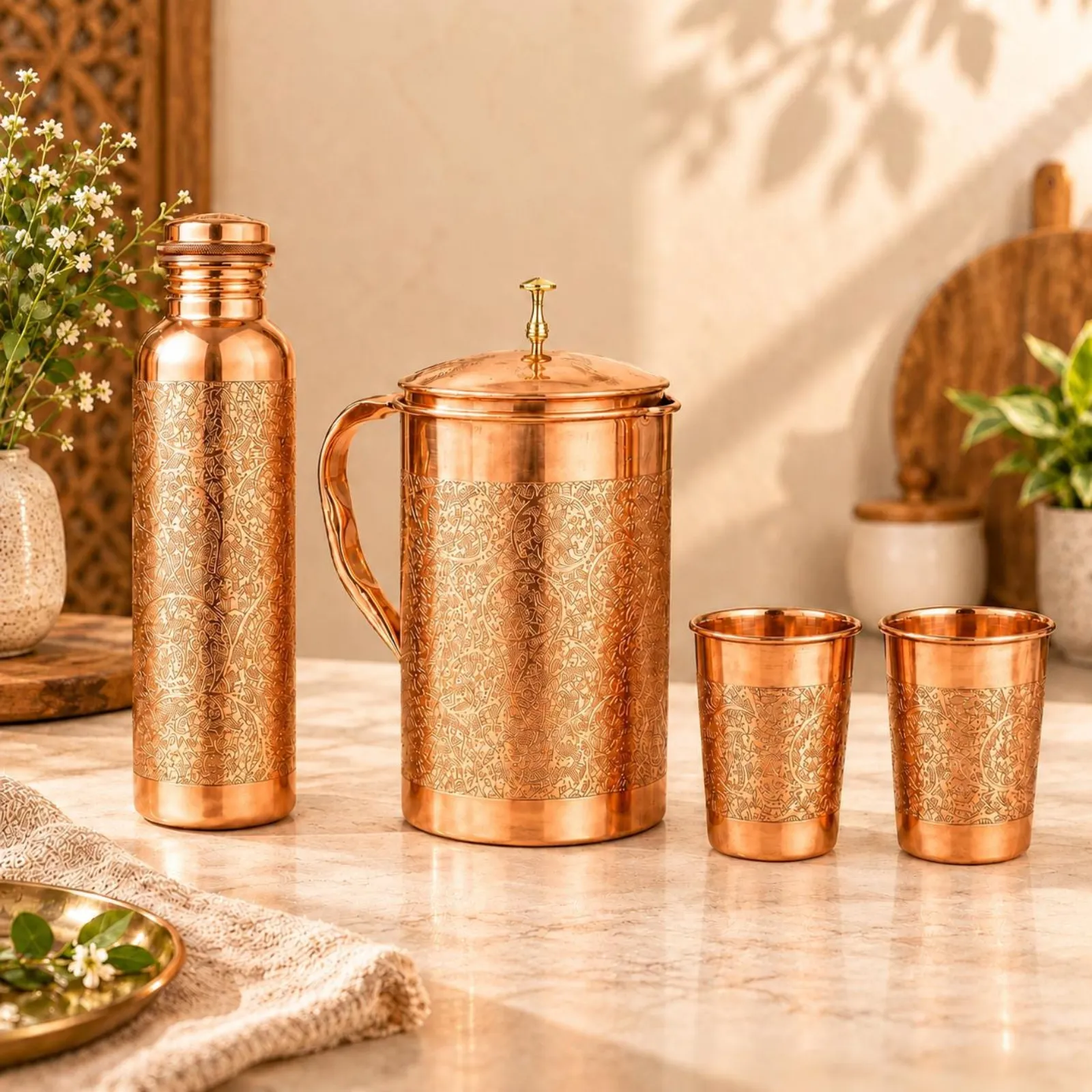 Handcrafted Copper Drinkware Set, Engraved Jug, Bottle and 2 Tumblers