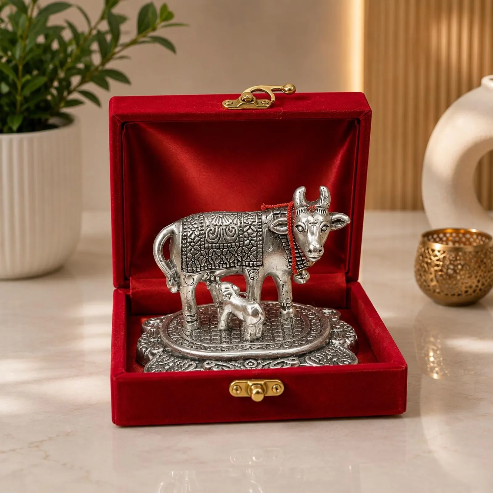 Kamdhenu Cow with Calf in Velvet Box | Housewarming | Spiritual Decor