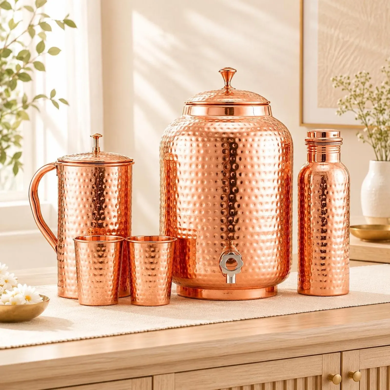 Pure Copper Drinkware Set with Dispenser, Jug, Bottle & 4 Tumblers, Housewarming Gift