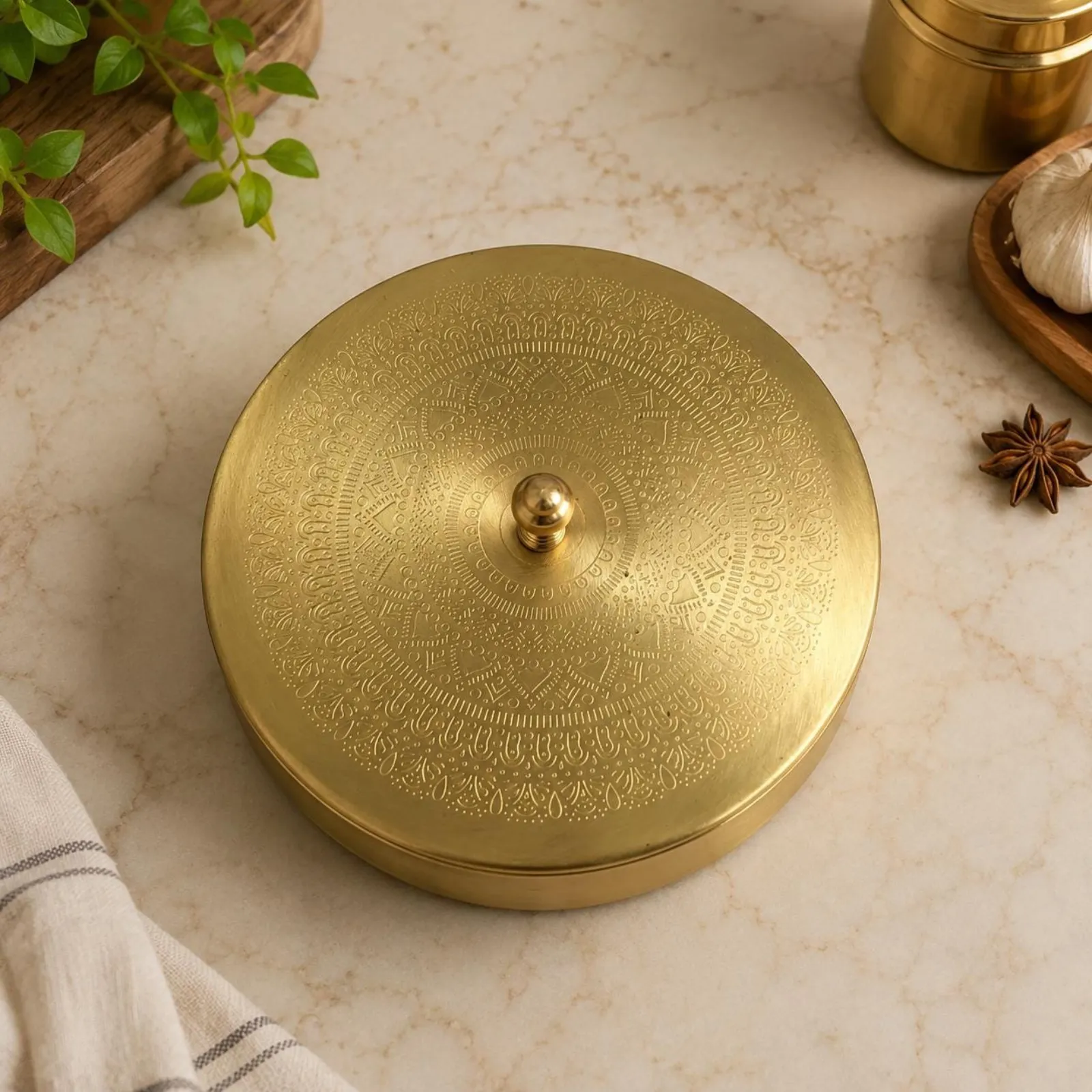 Handmade Brass Masala Dabba Engraved Spice Box Indian Kitchen Storage Container 6 Inches